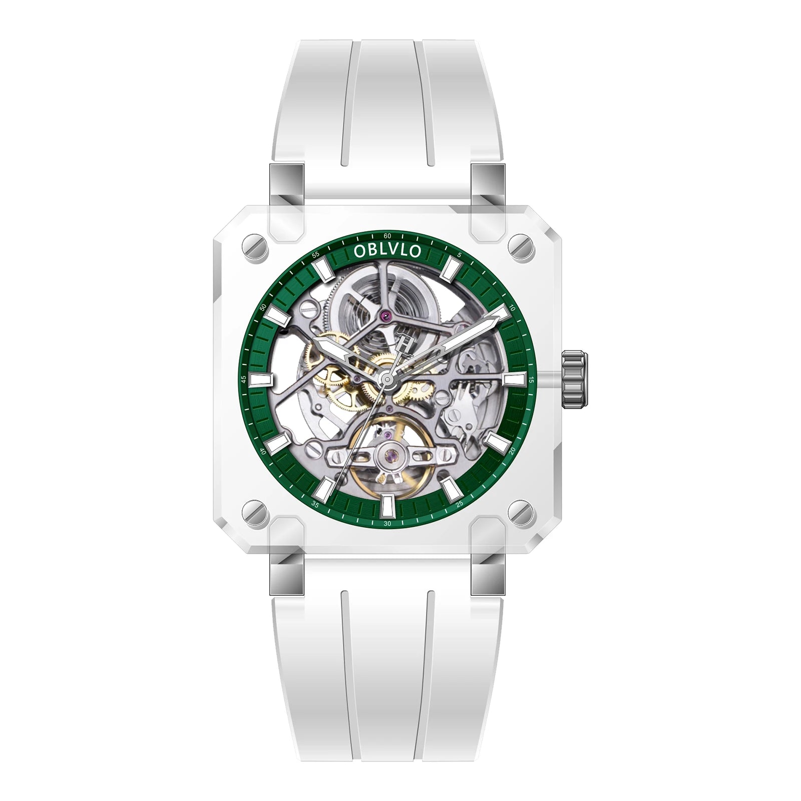OBLVLO Men Automatic Watch Square Acrylic Case Mechanical Wristwatch 5ATM Waterproof Sapphire Luminous Skeleton Dial 1A00 Mov.