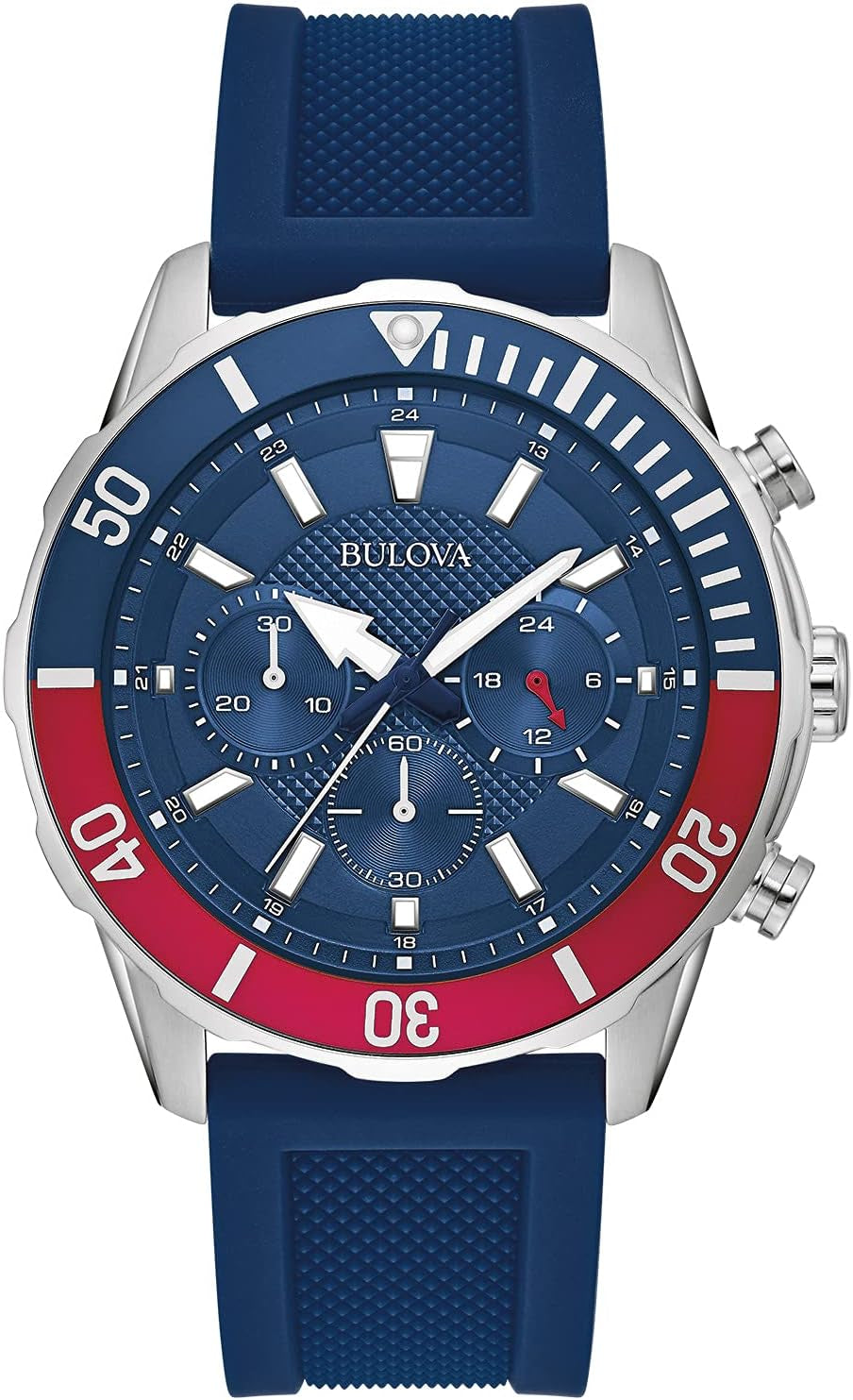 Bulova Men'S Sport 6-Hand Chronograph Quartz Watch with Silicone Strap, 24 Hour Time, Calendar Date, Luminous Hands and Markers, 100M Water Resistant, 44Mm Style: 98A288