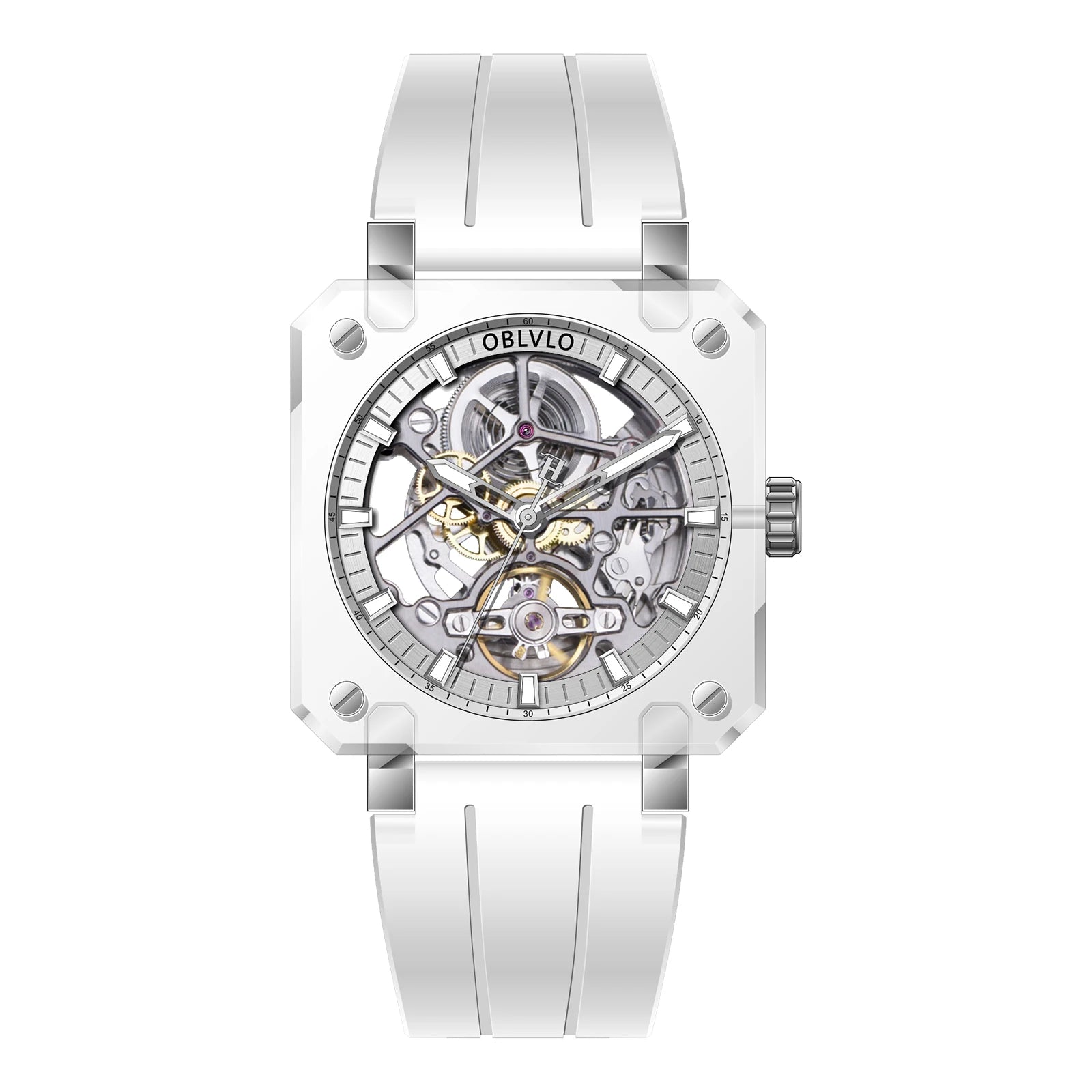 OBLVLO Men Automatic Watch Square Acrylic Case Mechanical Wristwatch 5ATM Waterproof Sapphire Luminous Skeleton Dial 1A00 Mov.