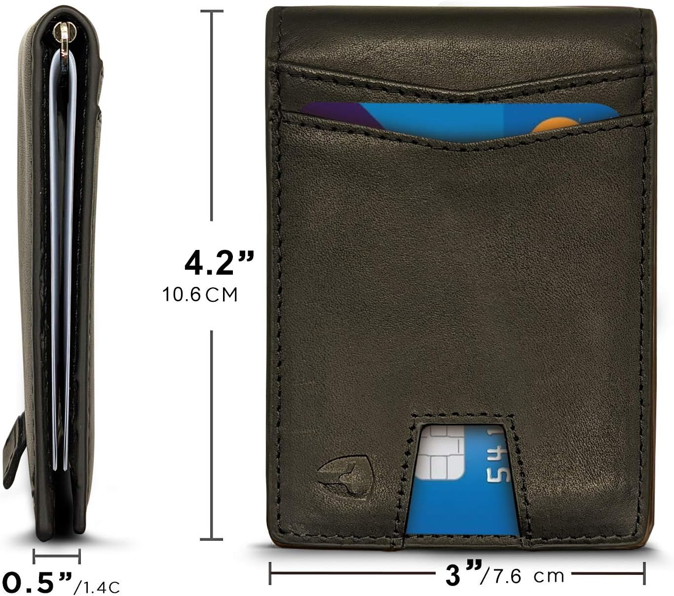 Bryker Hyde RFID Blocking Slim Minimalist ID inside Front Pocket Wallet, Money Clip, 9 Slots, Leather (Charcoal Black W/Pull Out Card Slot)