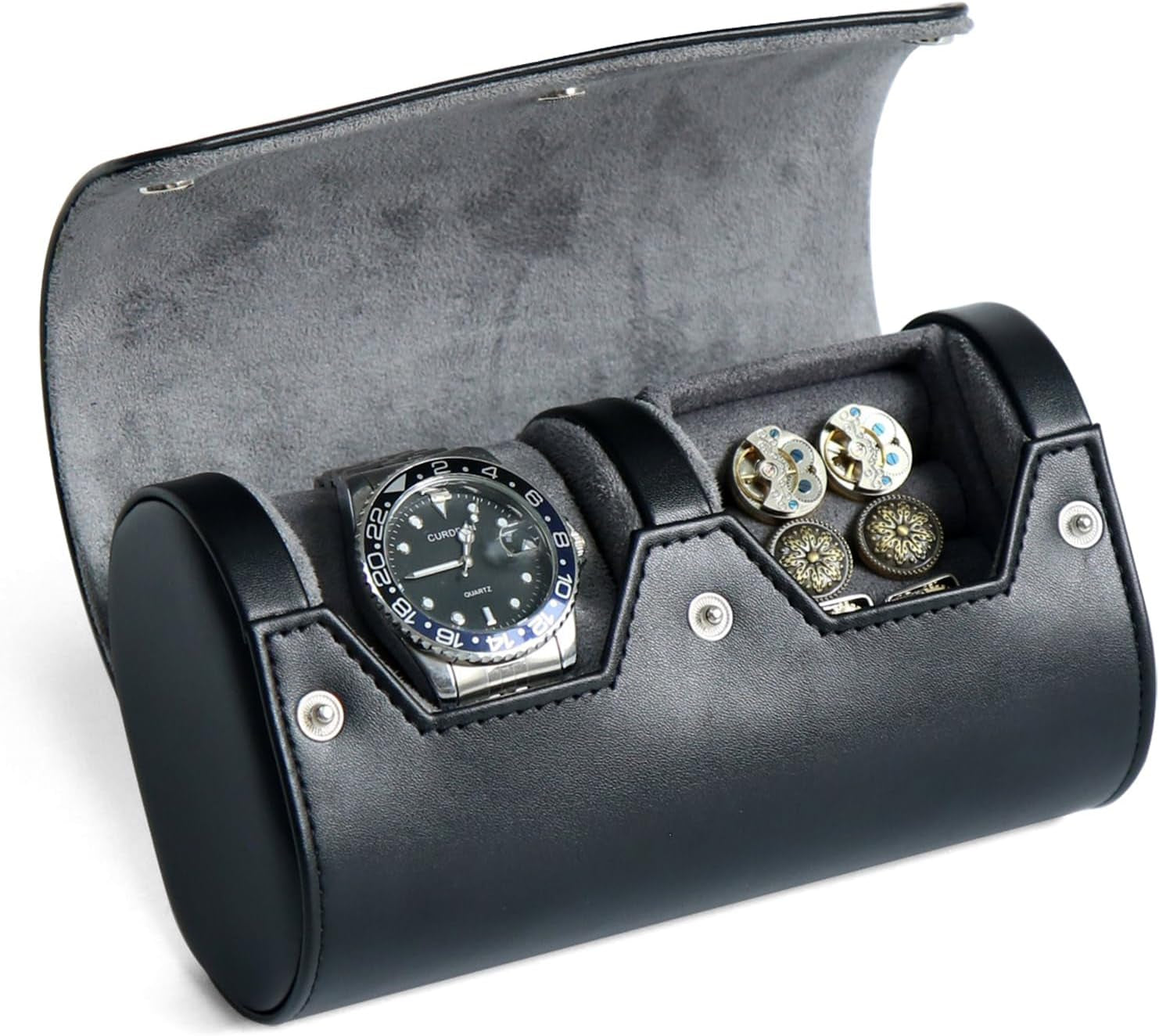 Watch Box Organizer for Mens Watch Case Travel Roll Portable 3 Watch Display Storage with Velvet Sections to Holder Large Watch (Black)