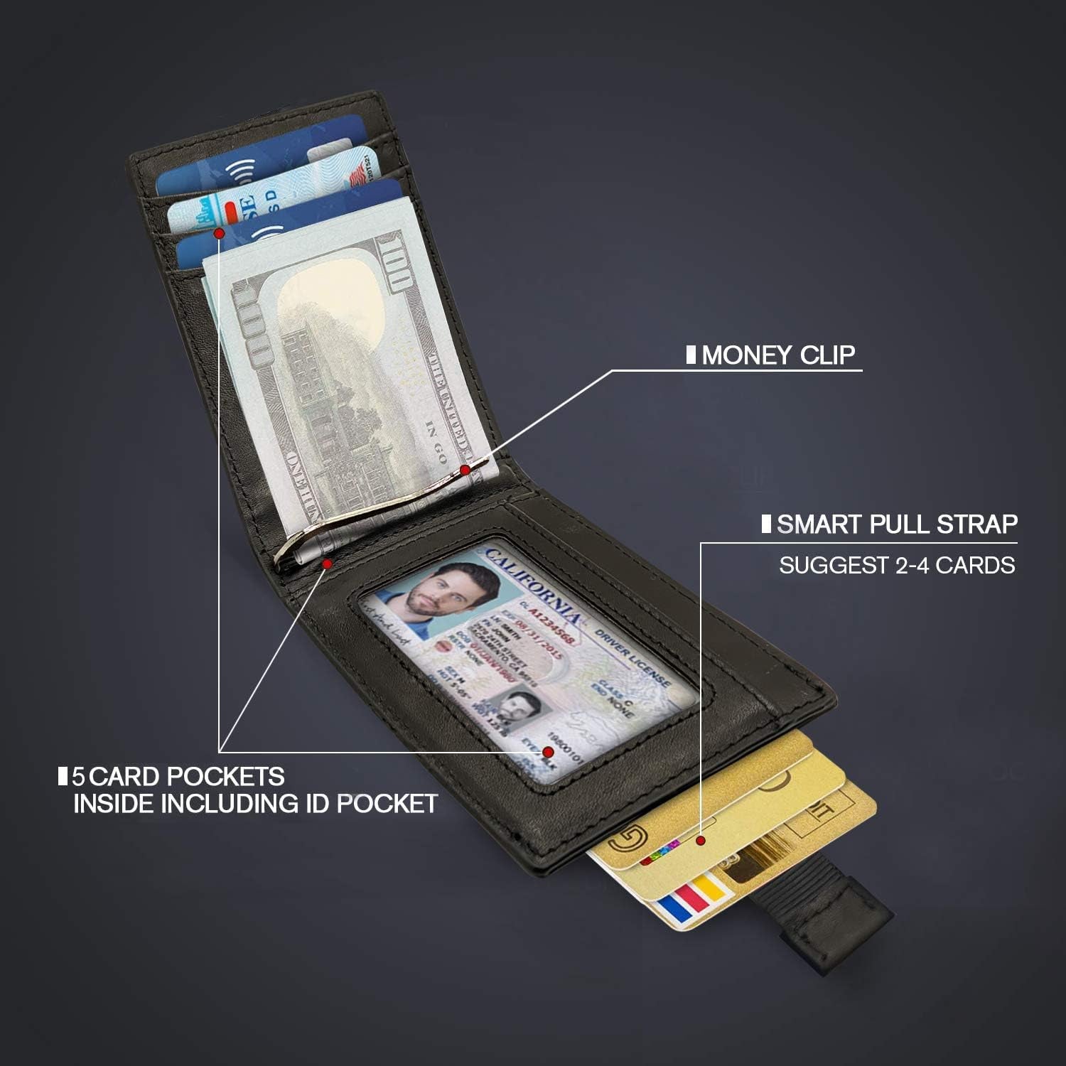 Bryker Hyde RFID Blocking Slim Minimalist ID inside Front Pocket Wallet, Money Clip, 9 Slots, Leather (Charcoal Black W/Pull Out Card Slot)