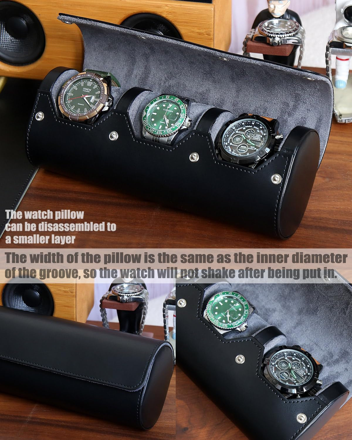 Watch Box Organizer for Mens Watch Case Travel Roll Portable 3 Watch Display Storage with Velvet Sections to Holder Large Watch (Black)