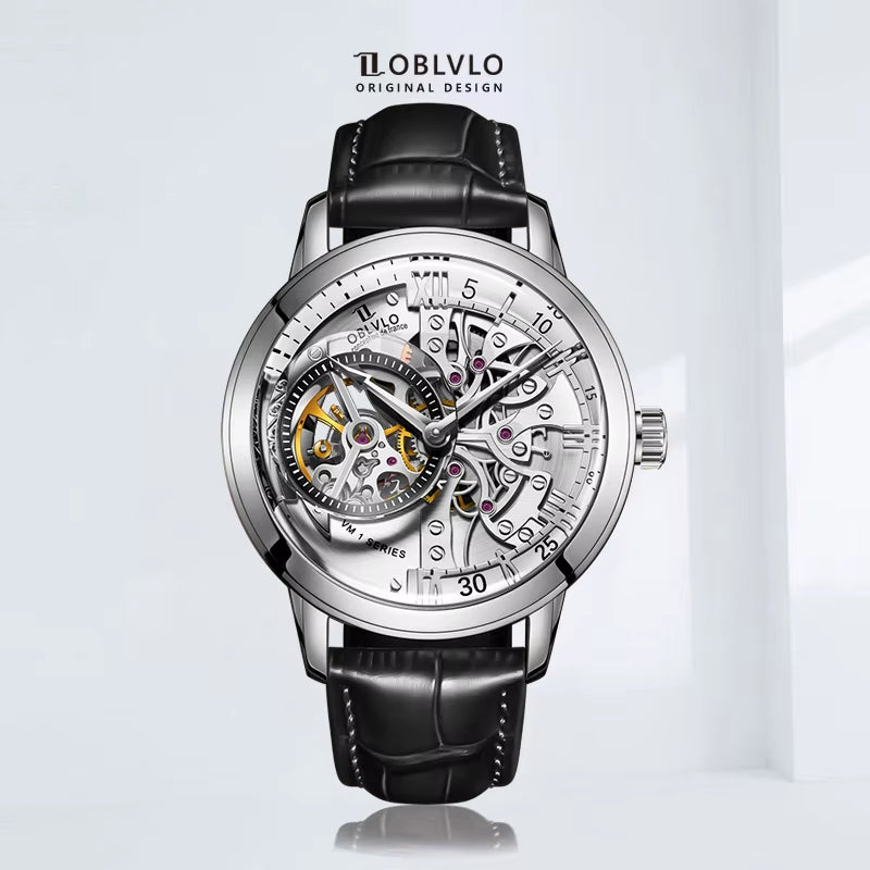 OBLVLO Retro Casual Men Skeleton Automatic Watches Mechanical Calfskin Strap Mineral Crystal Glass Waterproof Clock Dial 45Mm VM