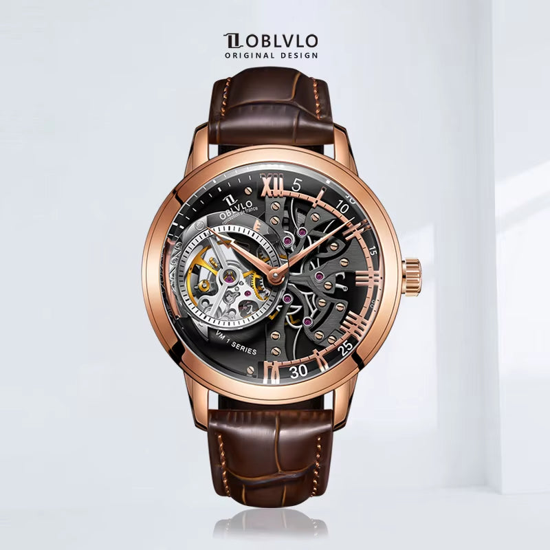 OBLVLO Retro Casual Men Skeleton Automatic Watches Mechanical Calfskin Strap Mineral Crystal Glass Waterproof Clock Dial 45Mm VM