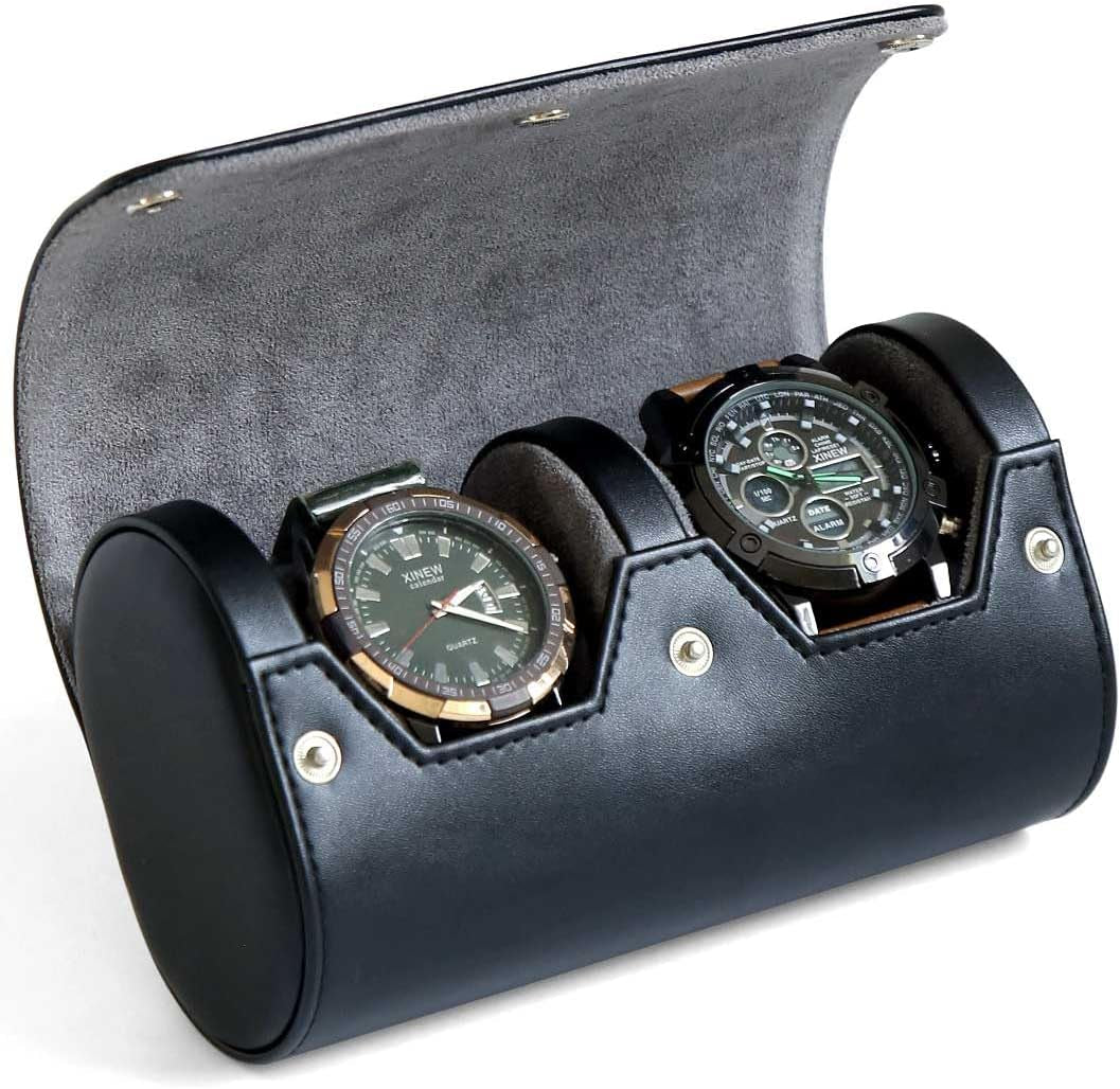 Watch Box Organizer for Mens Watch Case Travel Roll Portable 3 Watch Display Storage with Velvet Sections to Holder Large Watch (Black)