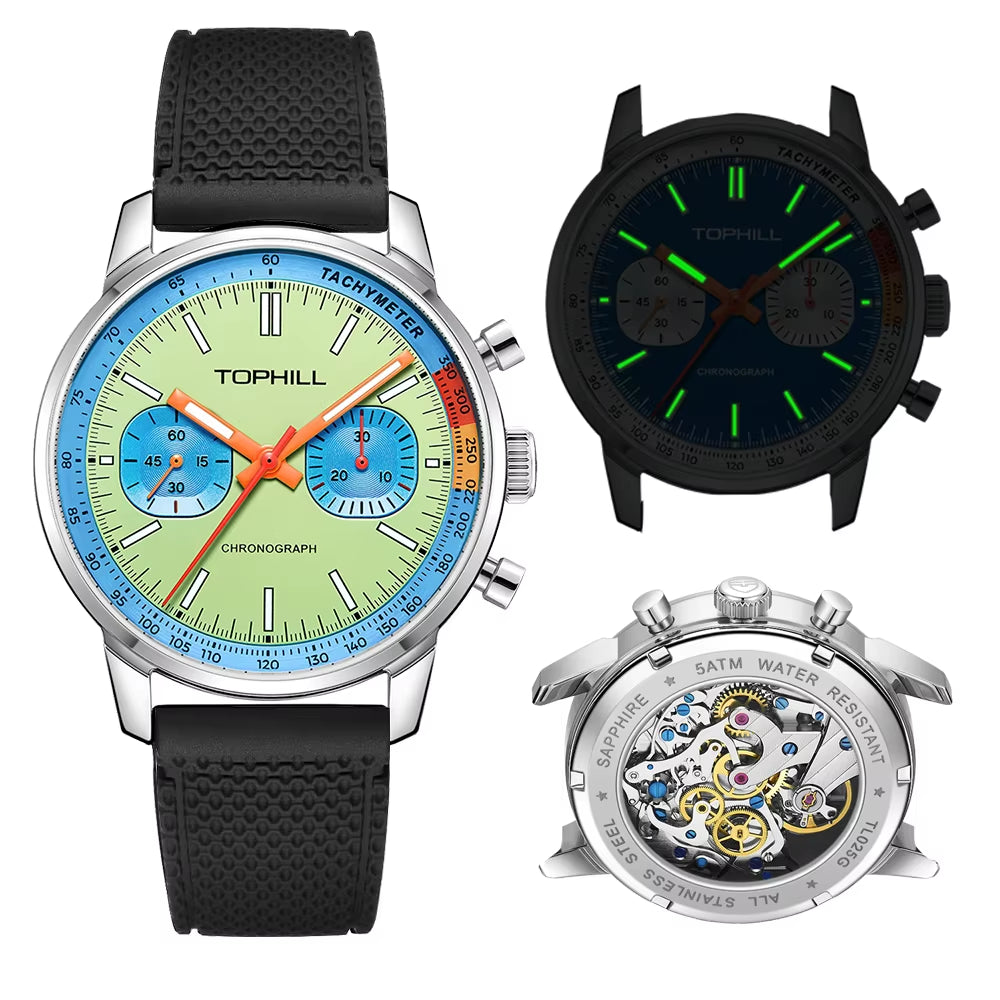 TOPHILL Panda Men'S 1963 Chronograph Mechanical Wristwatch Seagull ST1901 Movement 40Mm Luminous Sapphire Pilot Watch Waterproof