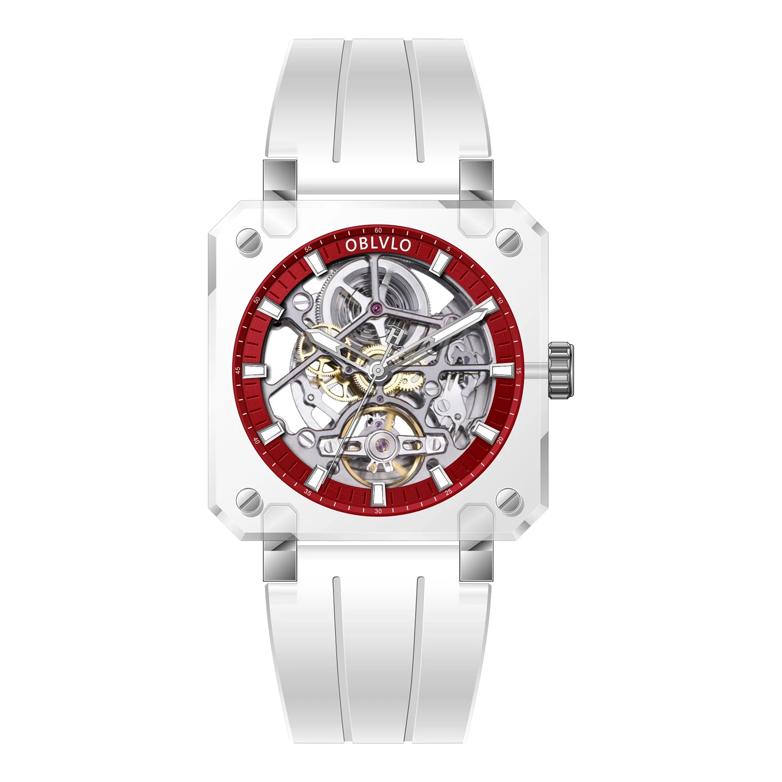 OBLVLO Men Automatic Watch Square Acrylic Case Mechanical Wristwatch 5ATM Waterproof Sapphire Luminous Skeleton Dial 1A00 Mov.