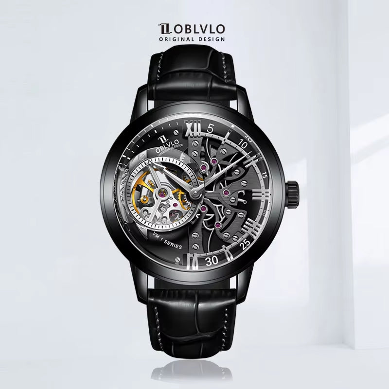 OBLVLO Retro Casual Men Skeleton Automatic Watches Mechanical Calfskin Strap Mineral Crystal Glass Waterproof Clock Dial 45Mm VM