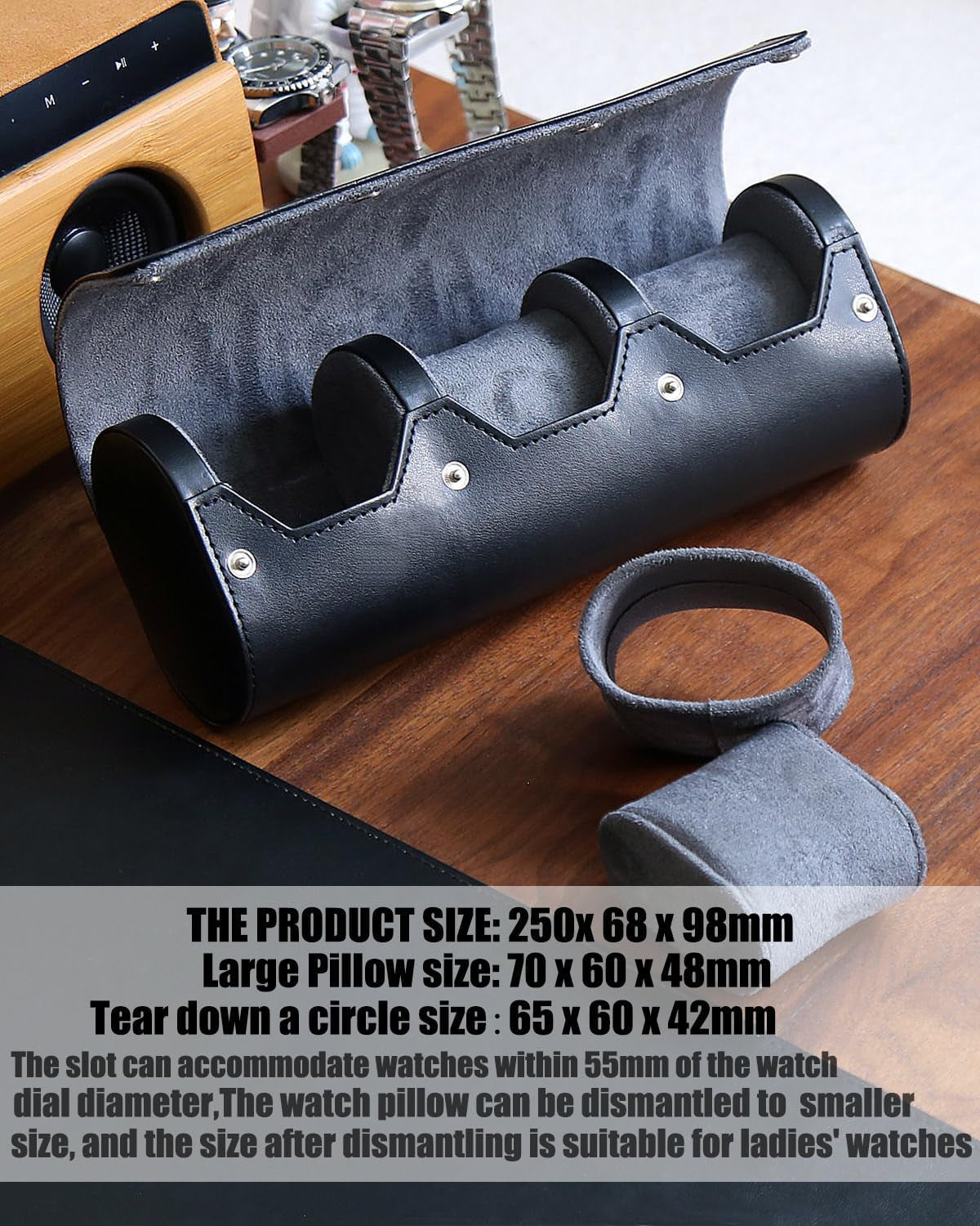 Watch Box Organizer for Mens Watch Case Travel Roll Portable 3 Watch Display Storage with Velvet Sections to Holder Large Watch (Black)