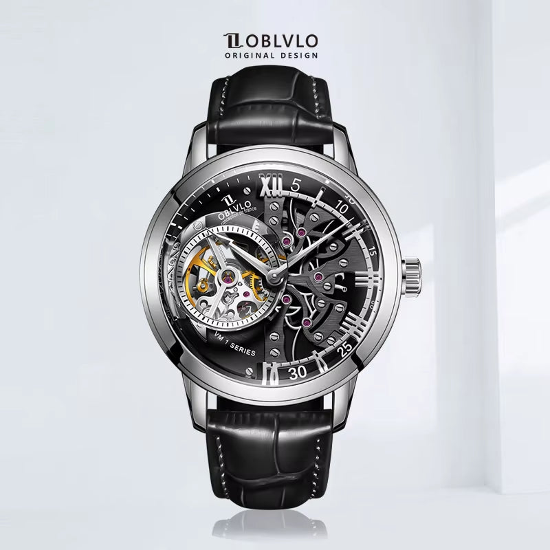 OBLVLO Retro Casual Men Skeleton Automatic Watches Mechanical Calfskin Strap Mineral Crystal Glass Waterproof Clock Dial 45Mm VM
