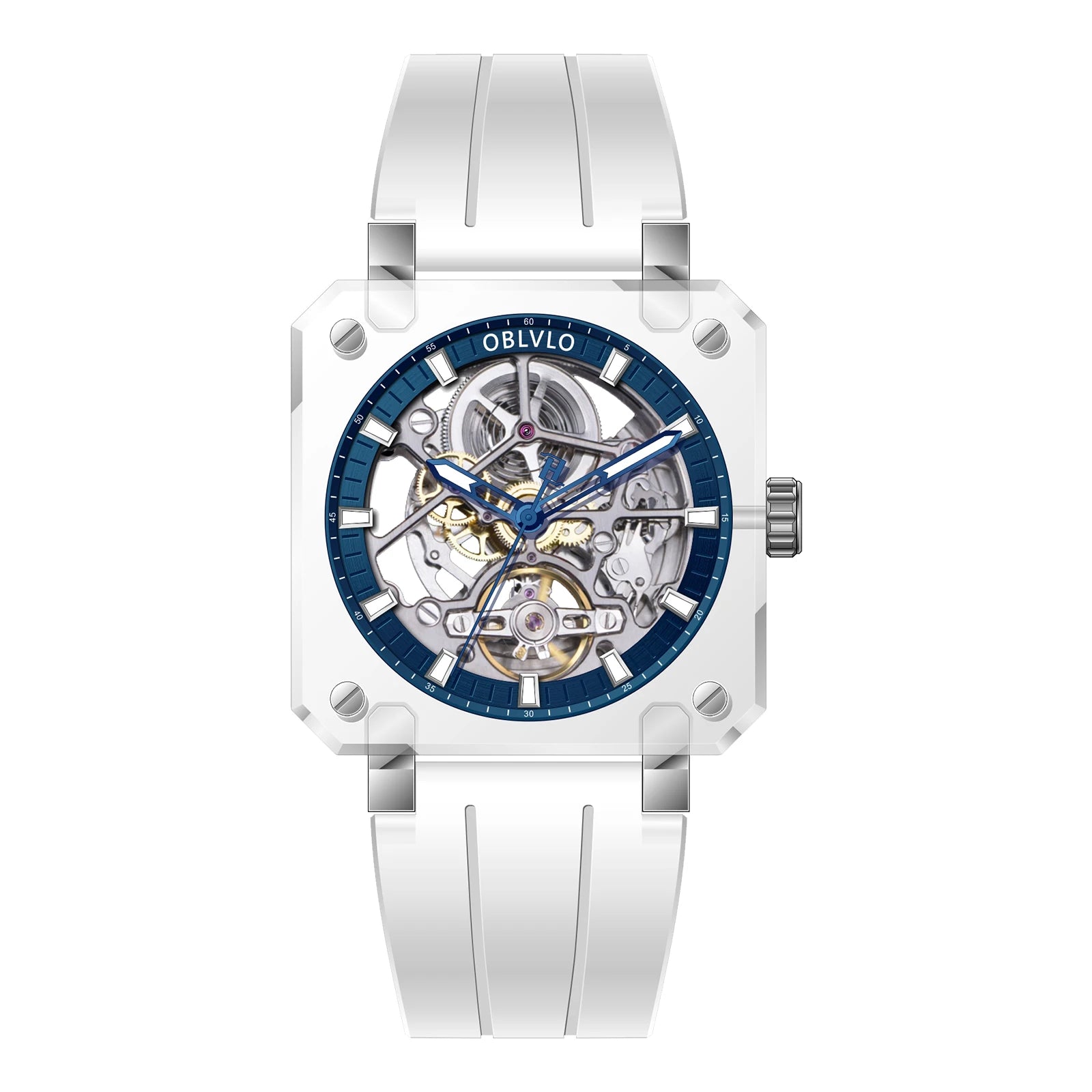OBLVLO Men Automatic Watch Square Acrylic Case Mechanical Wristwatch 5ATM Waterproof Sapphire Luminous Skeleton Dial 1A00 Mov.