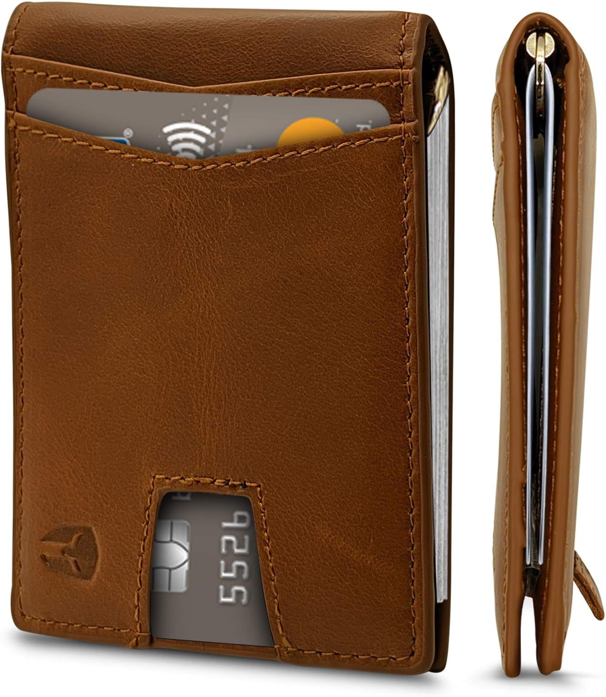 Bryker Hyde RFID Blocking Slim Minimalist ID inside Front Pocket Wallet, Money Clip, 9 Slots, Leather (Charcoal Black W/Pull Out Card Slot)