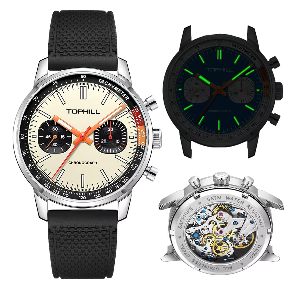 TOPHILL Panda Men'S 1963 Chronograph Mechanical Wristwatch Seagull ST1901 Movement 40Mm Luminous Sapphire Pilot Watch Waterproof