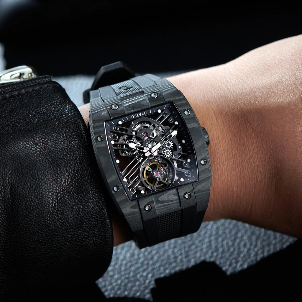 OBLVLO Top Watch Brand Sport Watch for Man Square Skeleton Watch Steel Automatic Mechanical Watch Rubber Strap Watches EM-ST