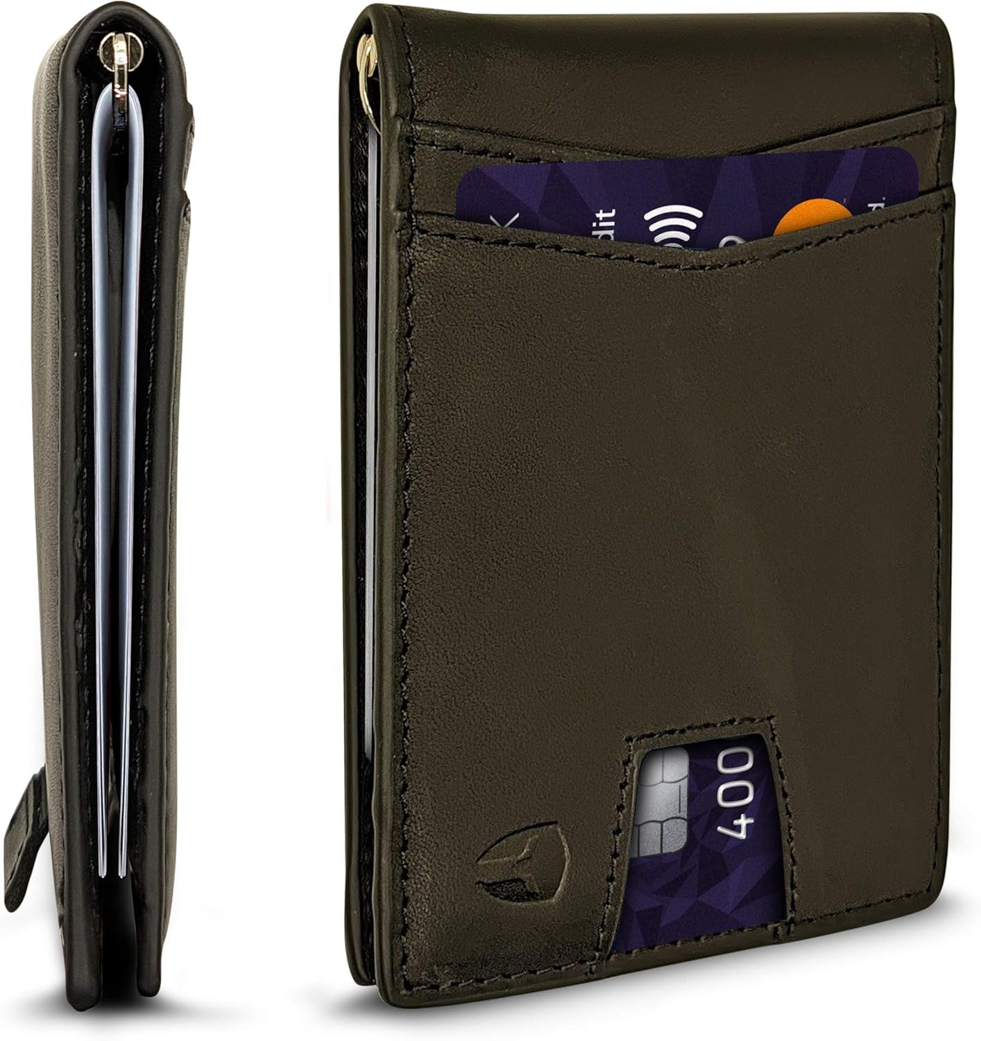 Bryker Hyde RFID Blocking Slim Minimalist ID inside Front Pocket Wallet, Money Clip, 9 Slots, Leather (Charcoal Black W/Pull Out Card Slot)