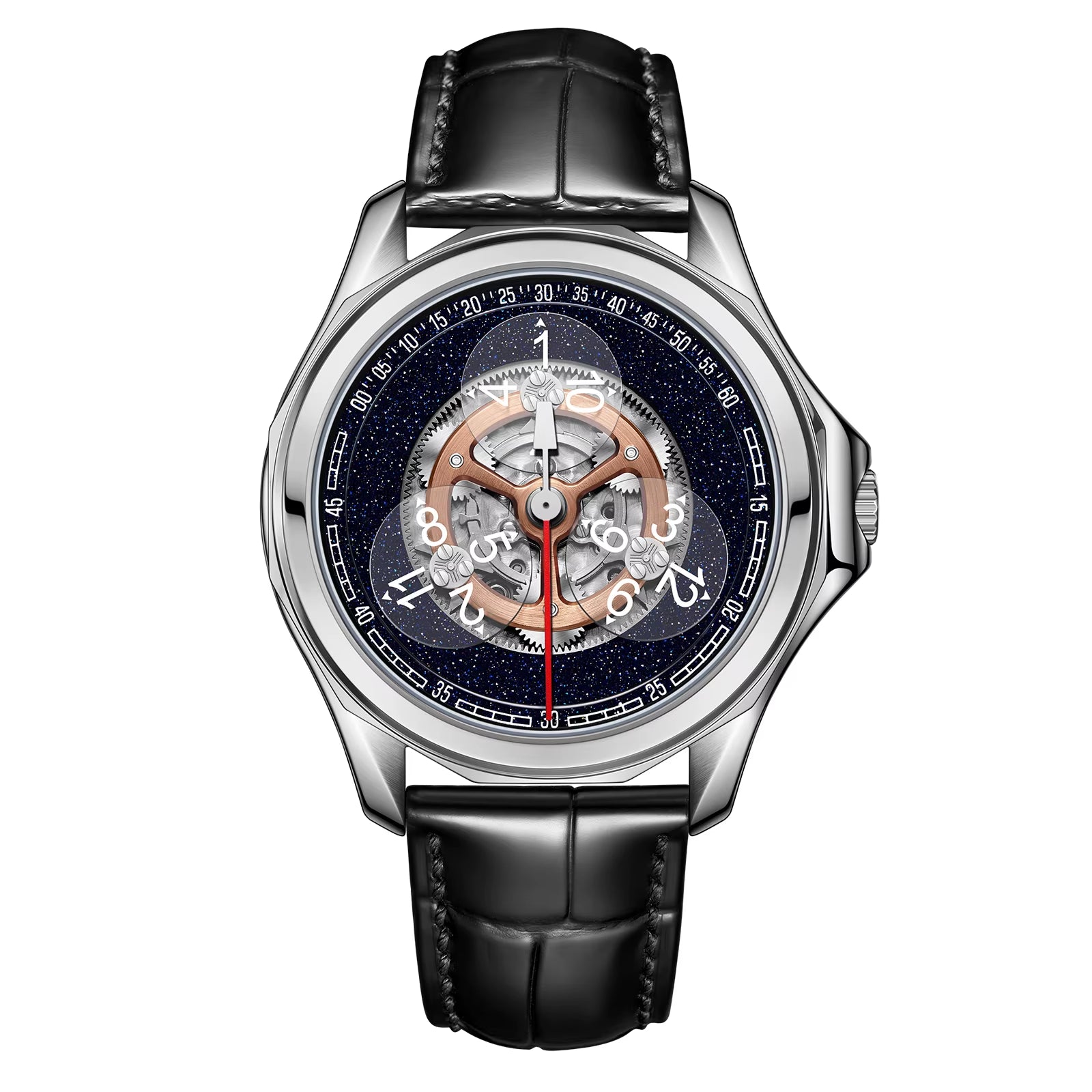 OBLVLO Stars Sapphire Wheel Mechanical Automatic Mens Steel Watch Leather Waterproof Creative Causal Watches