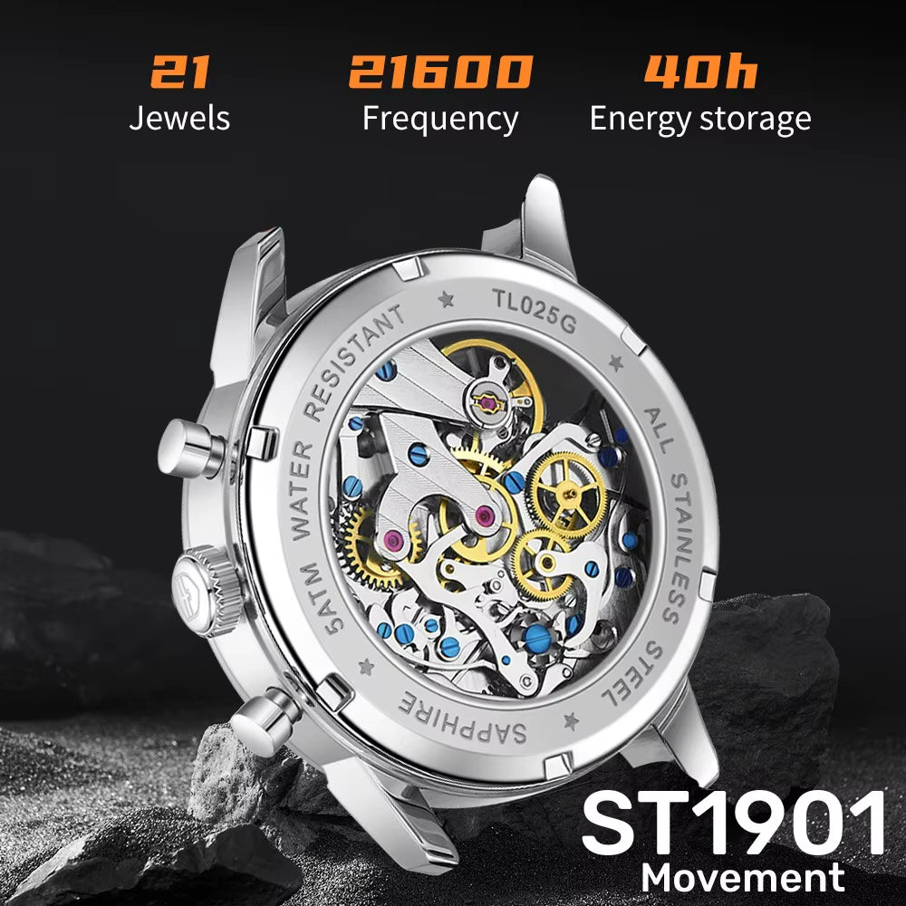 TOPHILL Panda Men'S 1963 Chronograph Mechanical Wristwatch Seagull ST1901 Movement 40Mm Luminous Sapphire Pilot Watch Waterproof