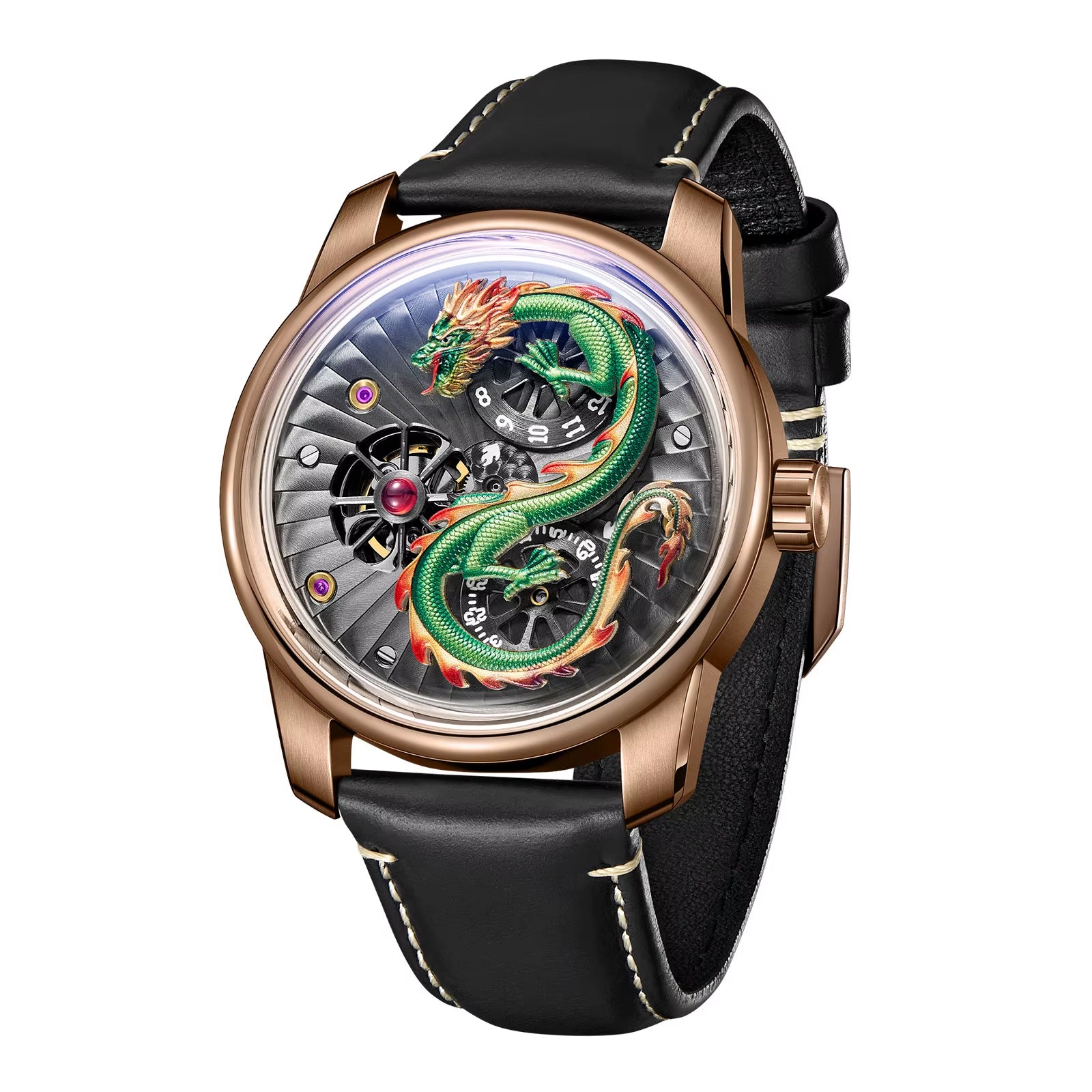 OBLVLO Men'S Double Wheels Dial Leather Mechanical Watch Luxury Green Dragon Luminous Waterproof Men'S Automatic Watch JM-DRAGON