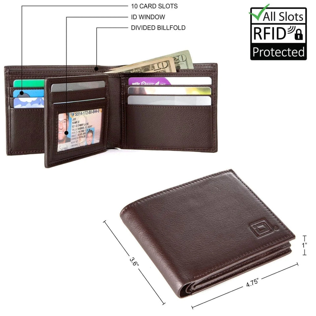 – Men’S RFID Leather Wallet - Bifold with ID Window (Brown)
