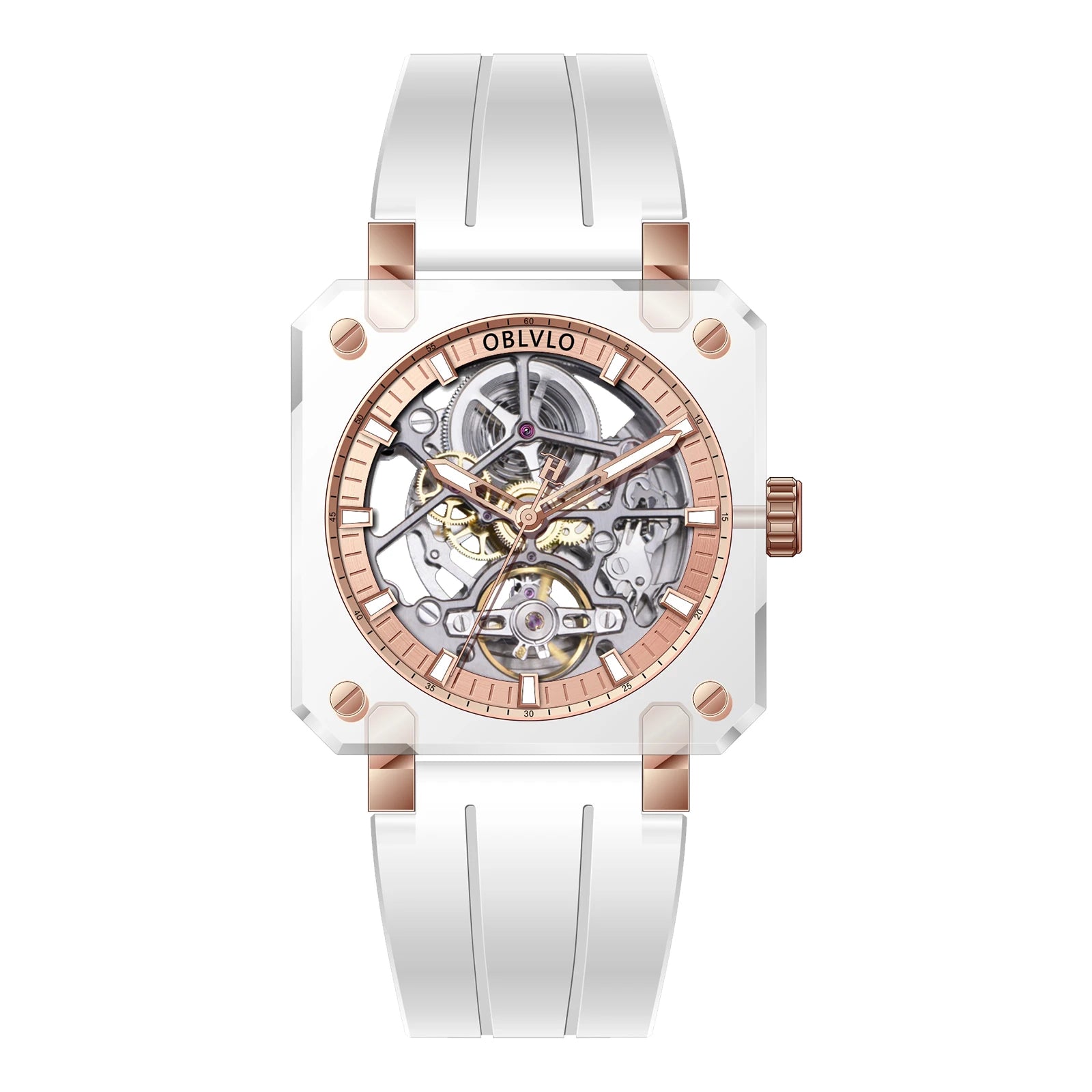 OBLVLO Men Automatic Watch Square Acrylic Case Mechanical Wristwatch 5ATM Waterproof Sapphire Luminous Skeleton Dial 1A00 Mov.