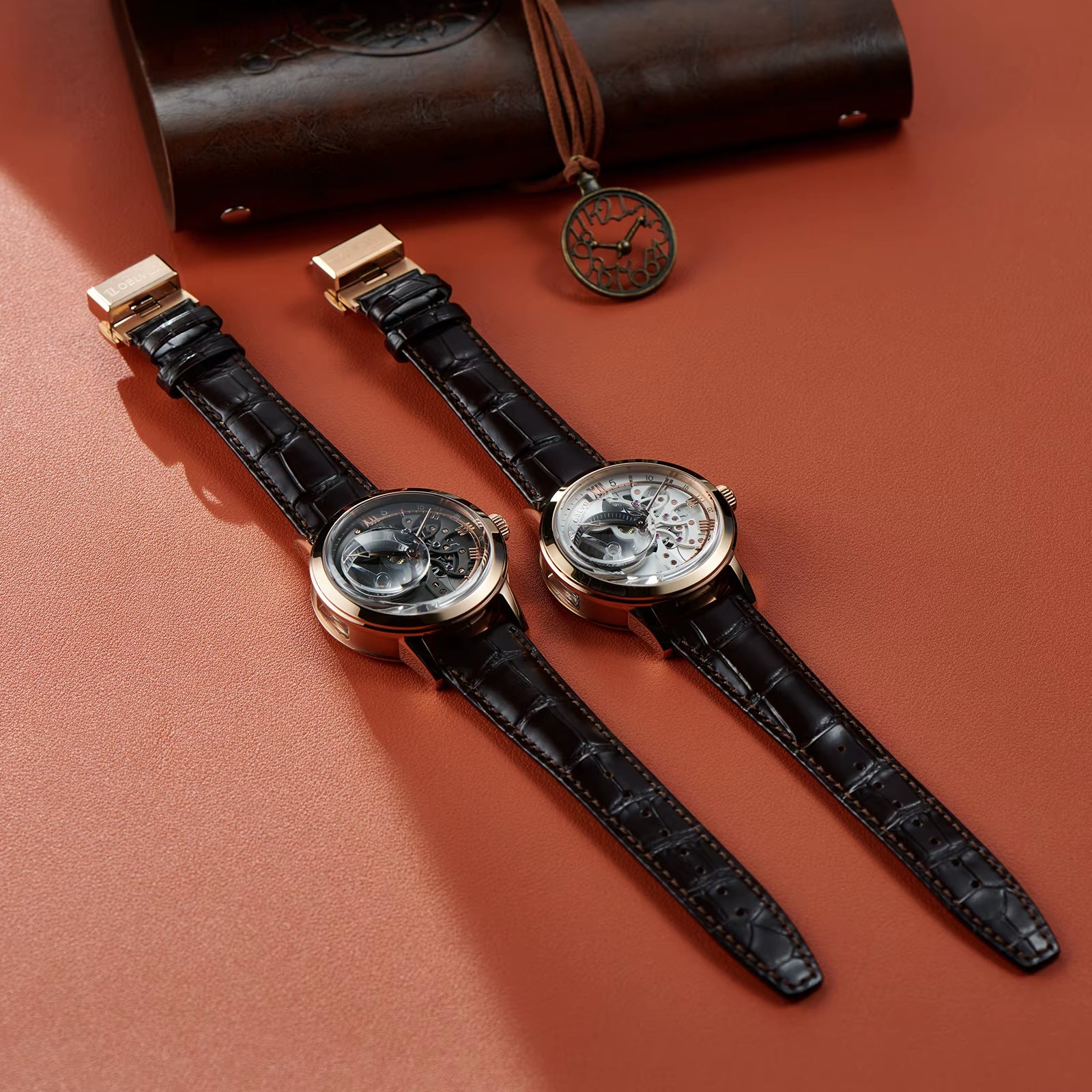 OBLVLO Retro Casual Men Skeleton Automatic Watches Mechanical Calfskin Strap Mineral Crystal Glass Waterproof Clock Dial 45Mm VM