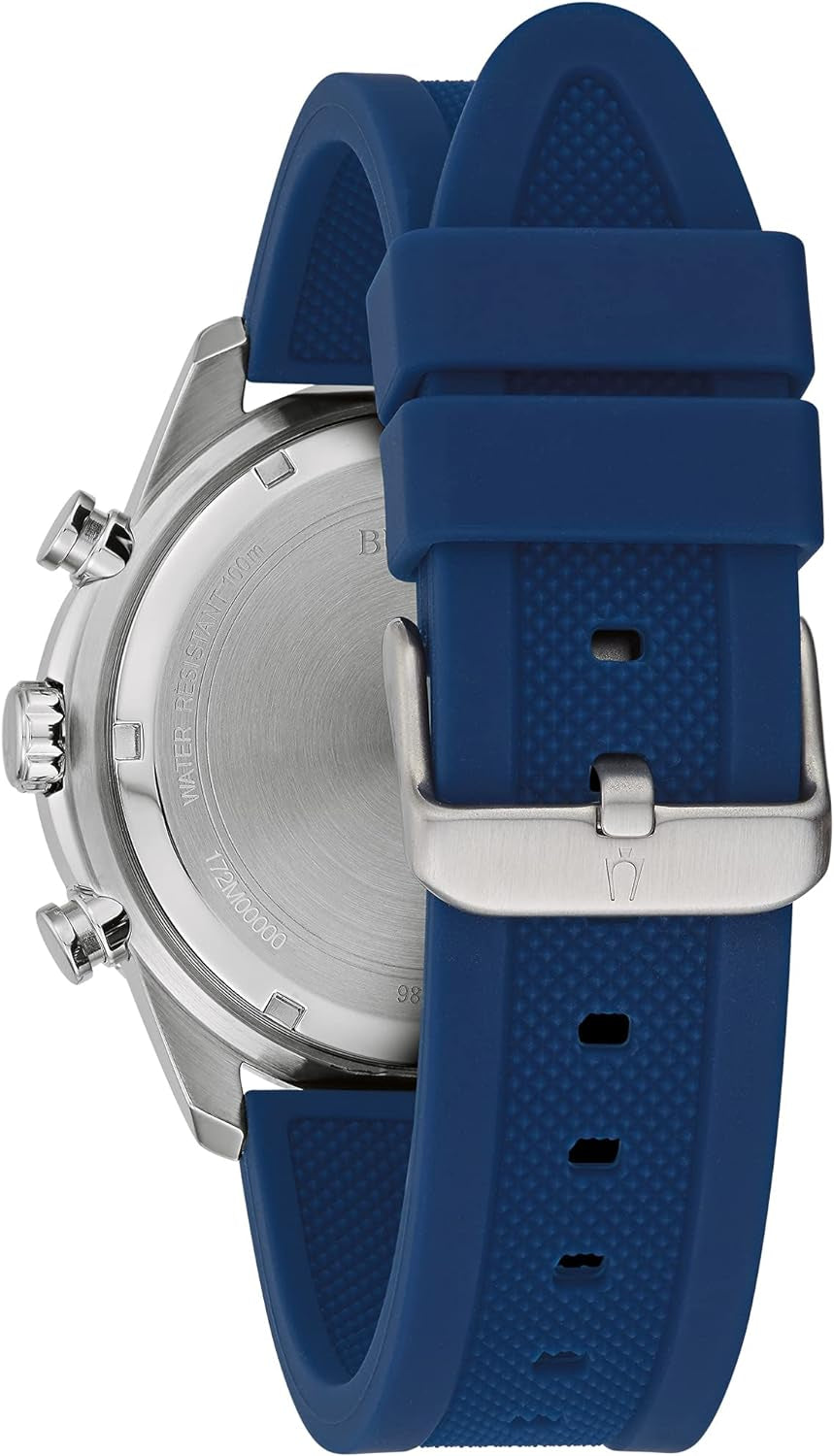 Bulova Men'S Sport 6-Hand Chronograph Quartz Watch with Silicone Strap, 24 Hour Time, Calendar Date, Luminous Hands and Markers, 100M Water Resistant, 44Mm Style: 98A288