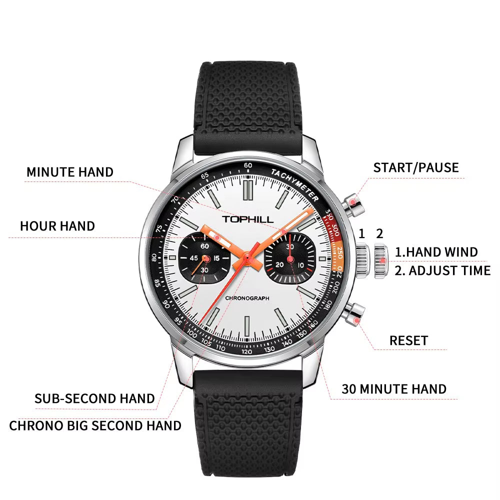 TOPHILL Panda Men'S 1963 Chronograph Mechanical Wristwatch Seagull ST1901 Movement 40Mm Luminous Sapphire Pilot Watch Waterproof