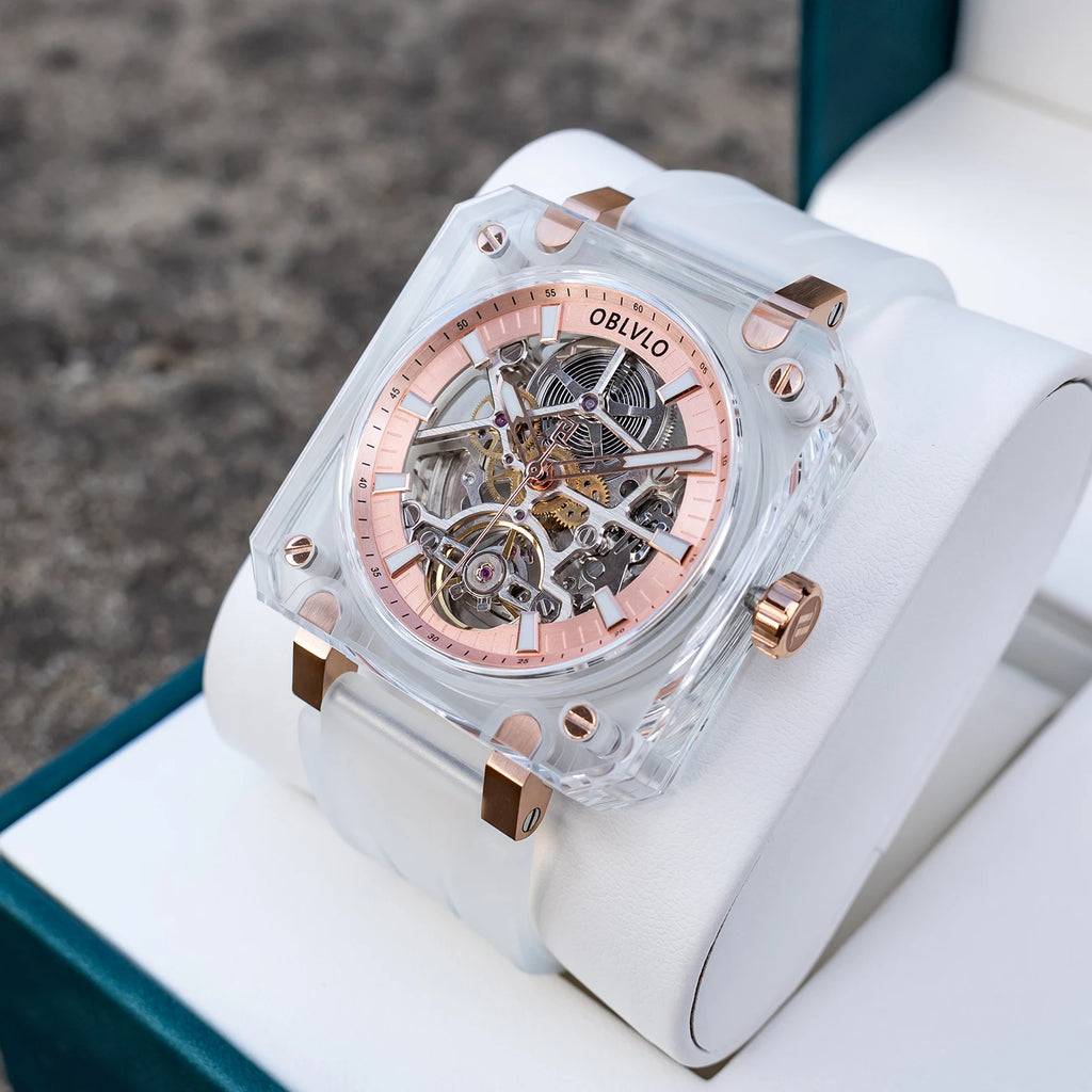 OBLVLO Men Automatic Watch Square Acrylic Case Mechanical Wristwatch 5ATM Waterproof Sapphire Luminous Skeleton Dial 1A00 Mov.
