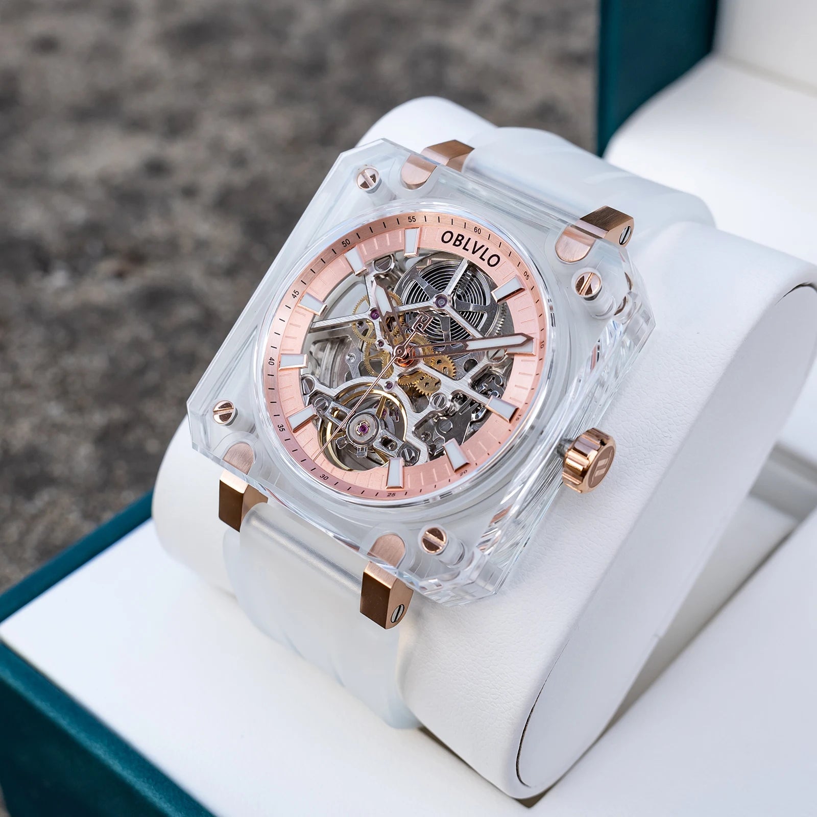 OBLVLO Men Automatic Watch Square Acrylic Case Mechanical Wristwatch 5ATM Waterproof Sapphire Luminous Skeleton Dial 1A00 Mov.