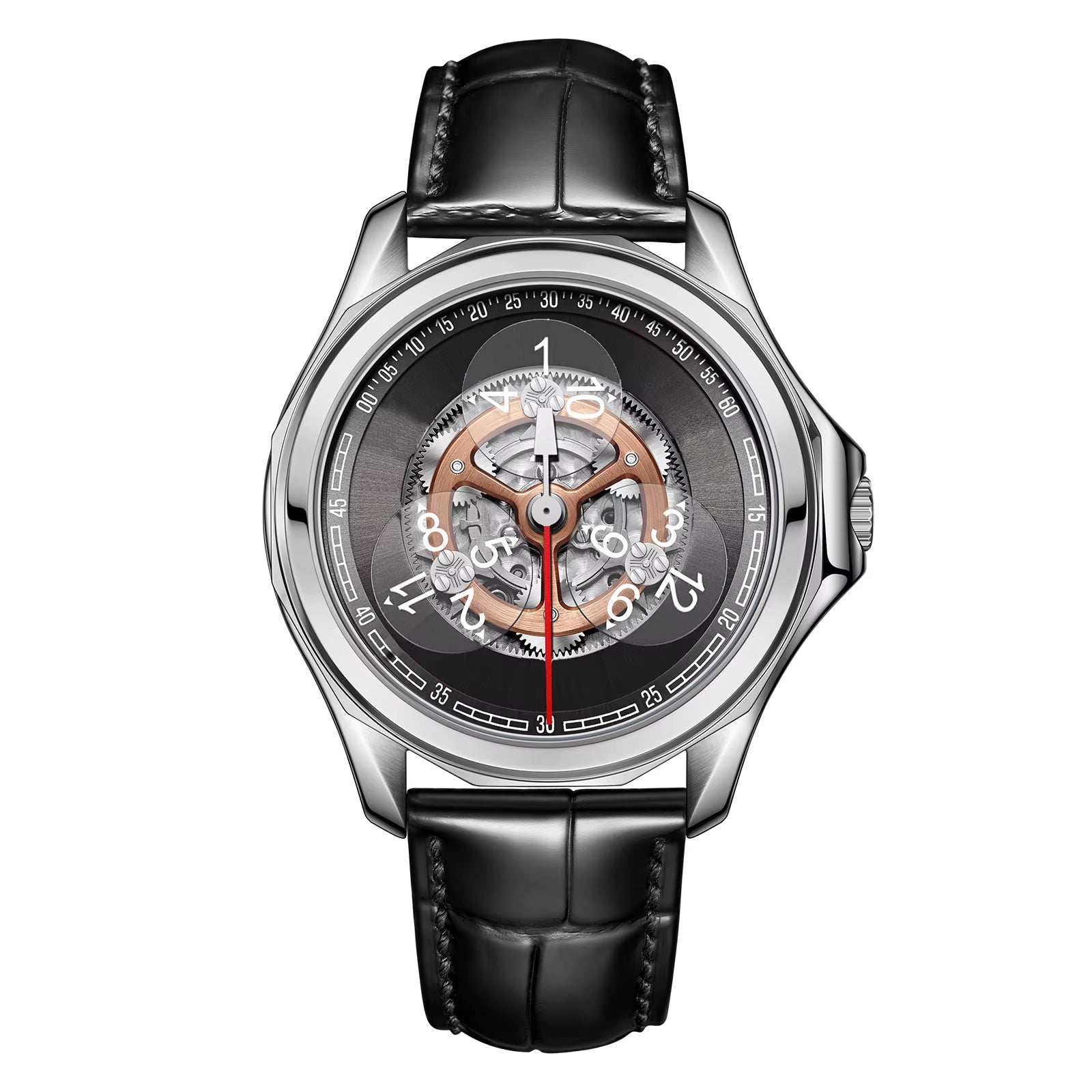 OBLVLO Stars Sapphire Wheel Mechanical Automatic Mens Steel Watch Leather Waterproof Creative Causal Watches