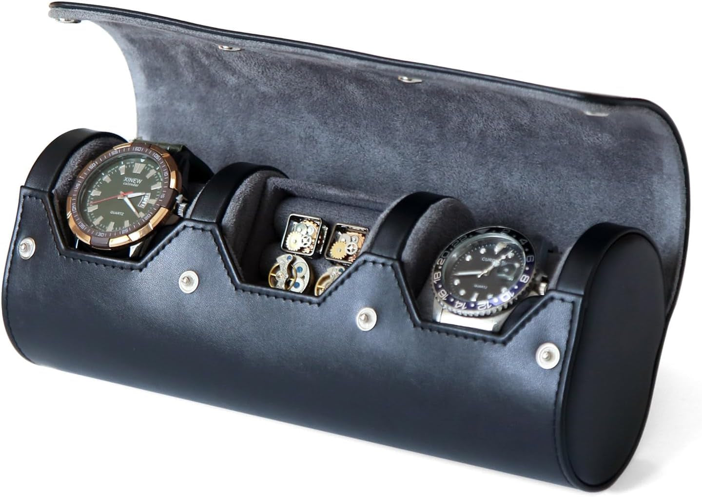 Watch Box Organizer for Mens Watch Case Travel Roll Portable 3 Watch Display Storage with Velvet Sections to Holder Large Watch (Black)