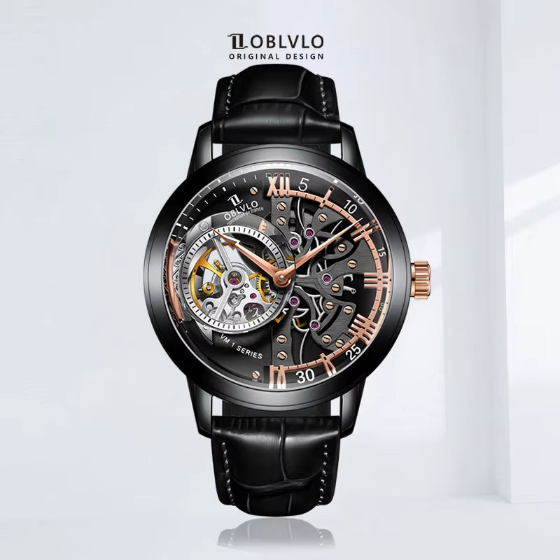 OBLVLO Retro Casual Men Skeleton Automatic Watches Mechanical Calfskin Strap Mineral Crystal Glass Waterproof Clock Dial 45Mm VM