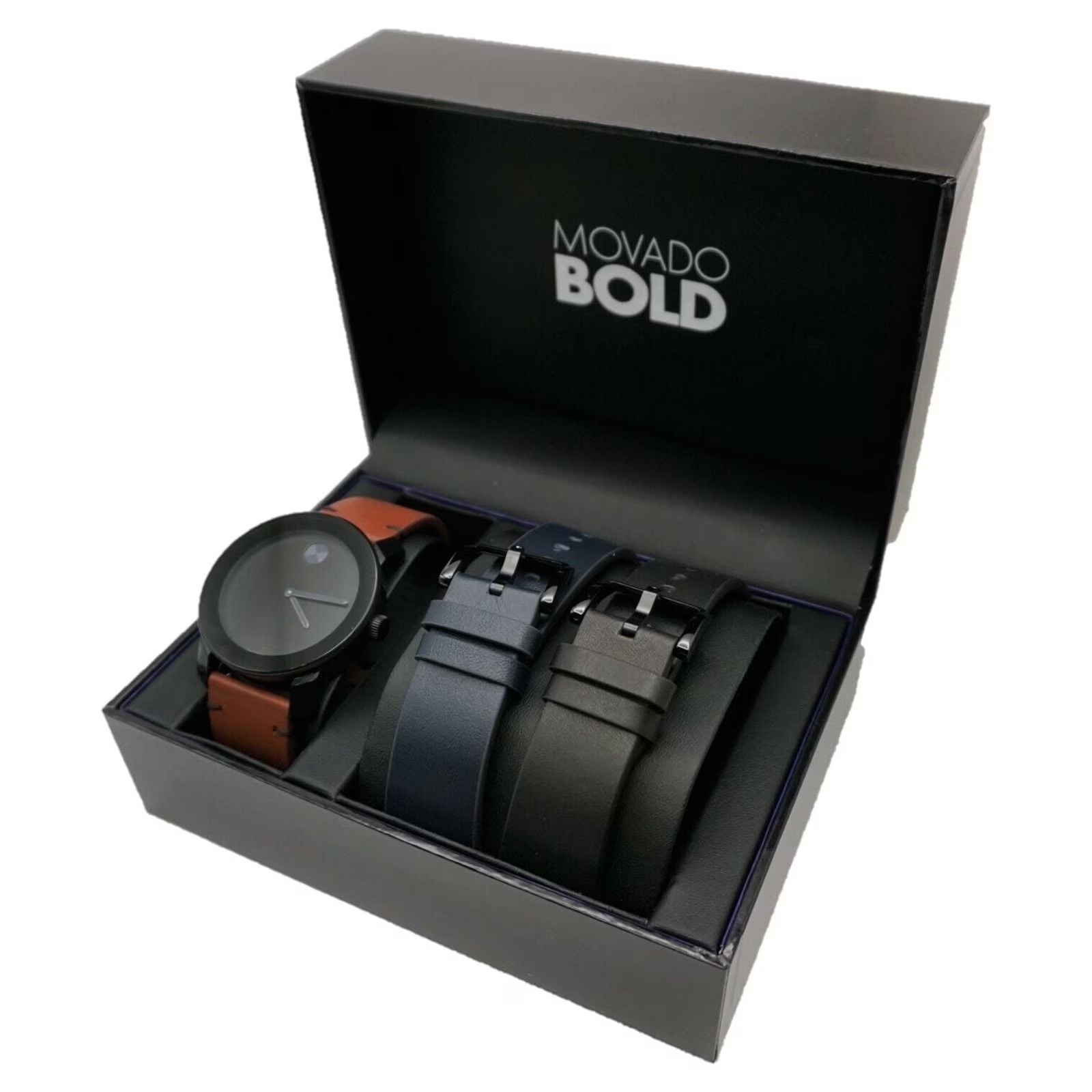 by  Men'S Leather Strap Wristwatch Gift Set, Black/Brown/Blue