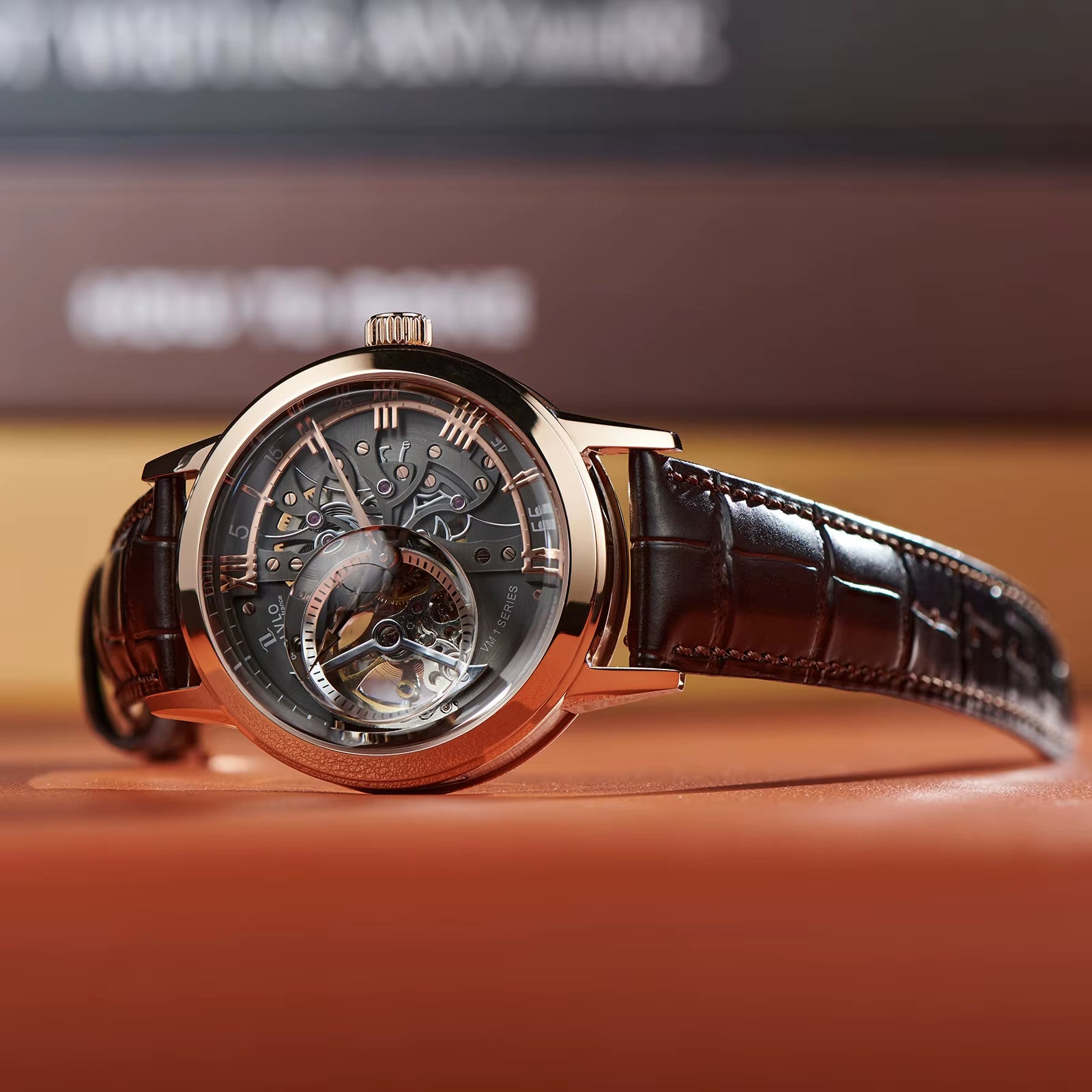 OBLVLO Retro Casual Men Skeleton Automatic Watches Mechanical Calfskin Strap Mineral Crystal Glass Waterproof Clock Dial 45Mm VM