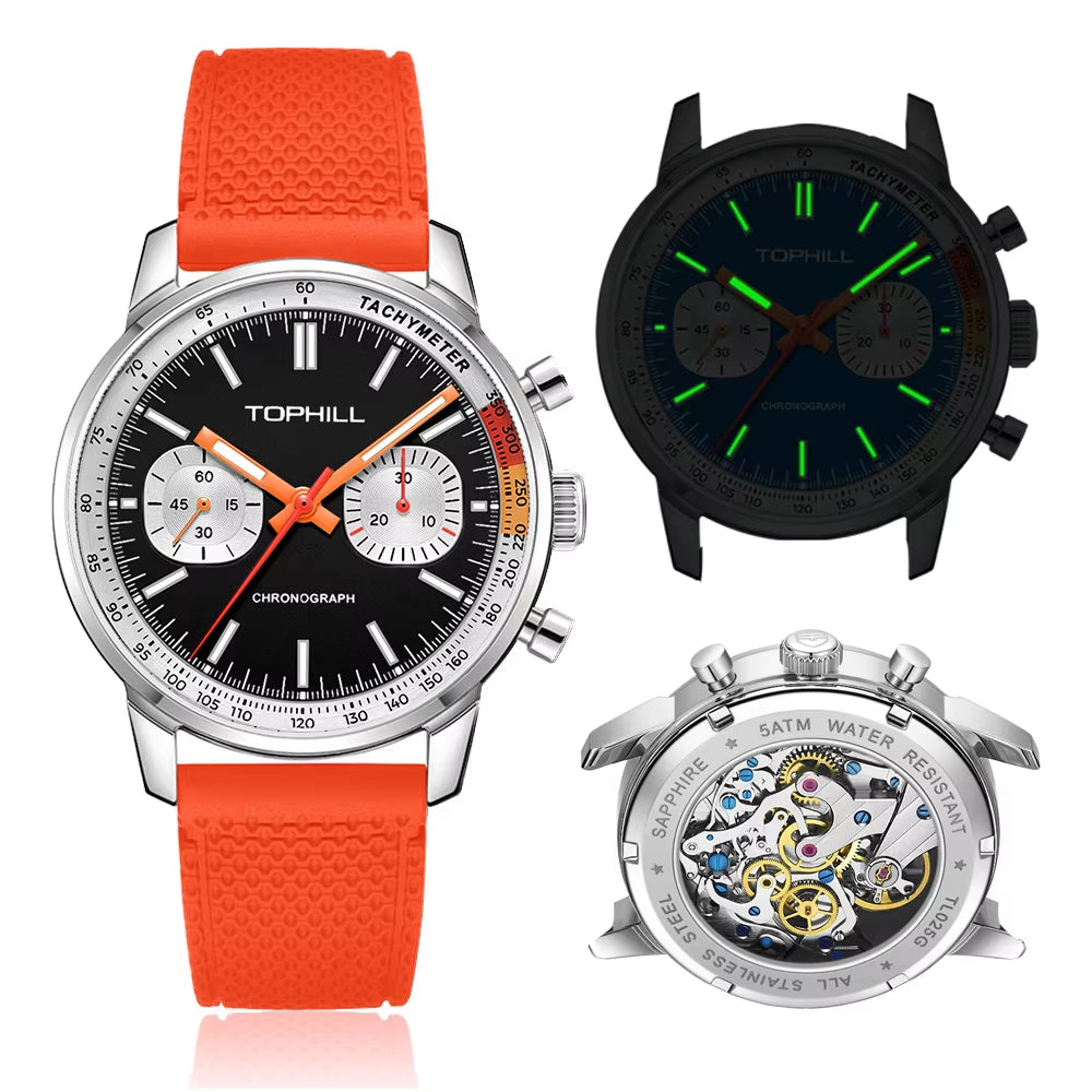 TOPHILL Panda Men'S 1963 Chronograph Mechanical Wristwatch Seagull ST1901 Movement 40Mm Luminous Sapphire Pilot Watch Waterproof