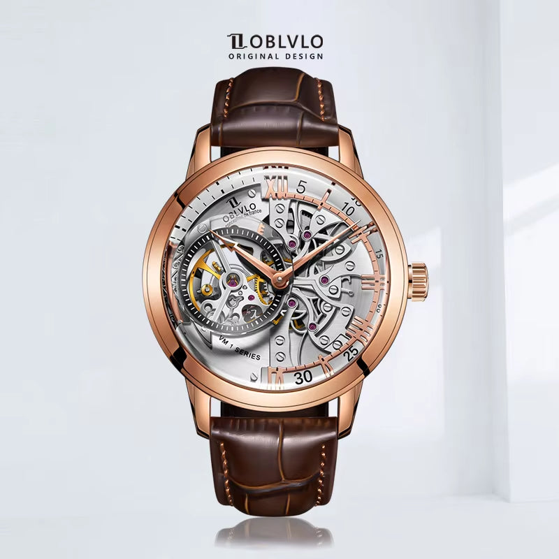 OBLVLO Retro Casual Men Skeleton Automatic Watches Mechanical Calfskin Strap Mineral Crystal Glass Waterproof Clock Dial 45Mm VM