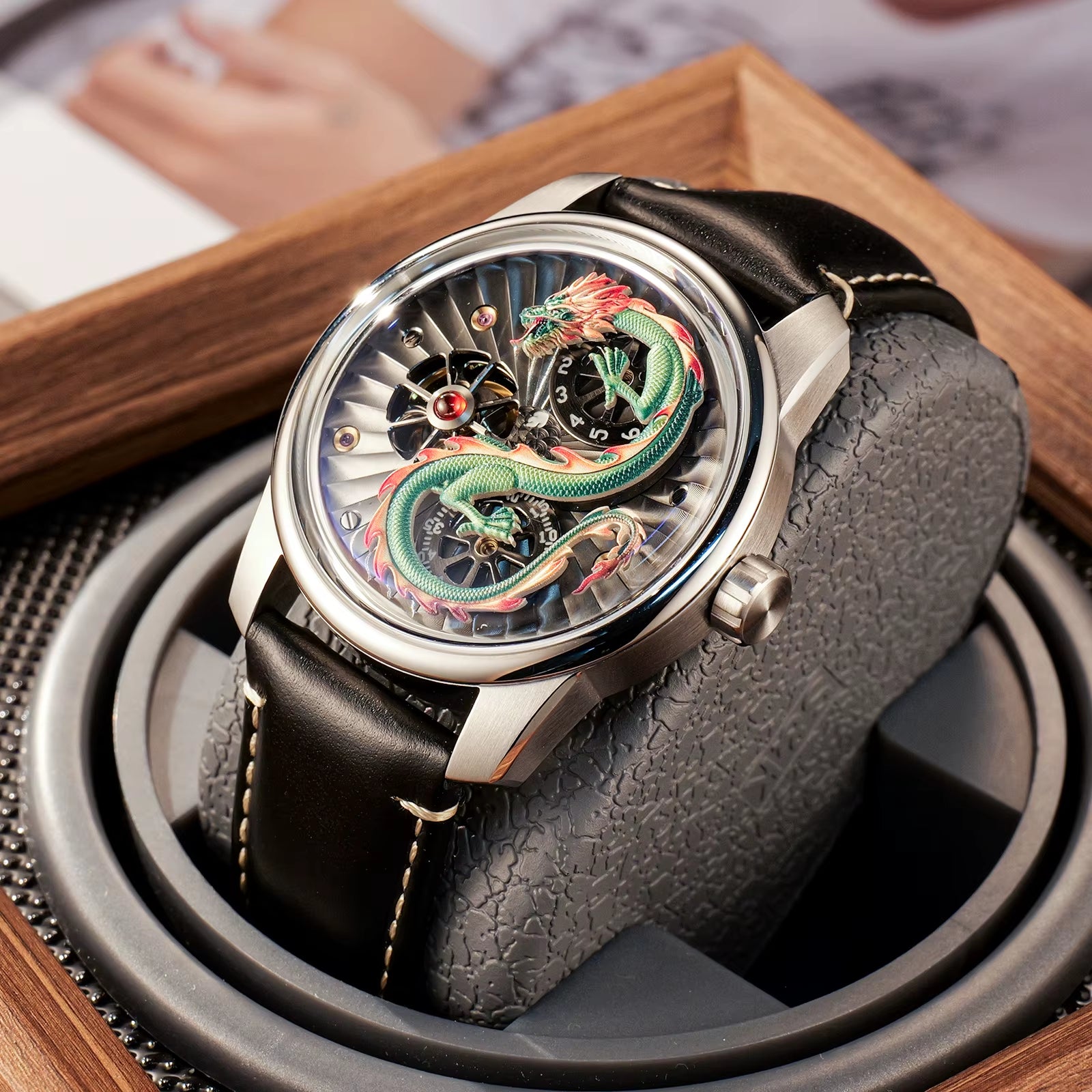 OBLVLO Men'S Double Wheels Dial Leather Mechanical Watch Luxury Green Dragon Luminous Waterproof Men'S Automatic Watch JM-DRAGON