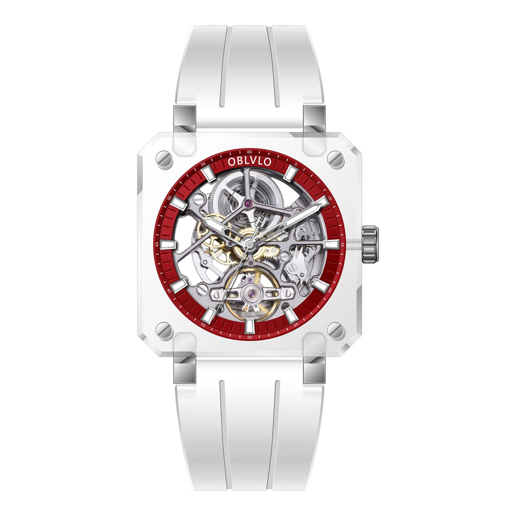 OBLVLO Men Automatic Watch Square Acrylic Case Mechanical Wristwatch 5ATM Waterproof Sapphire Luminous Skeleton Dial 1A00 Mov.