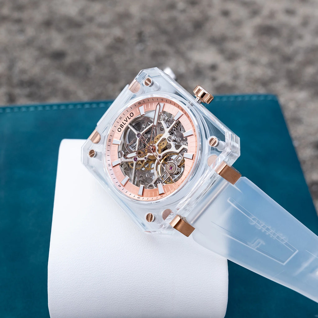 OBLVLO Men Automatic Watch Square Acrylic Case Mechanical Wristwatch 5ATM Waterproof Sapphire Luminous Skeleton Dial 1A00 Mov.