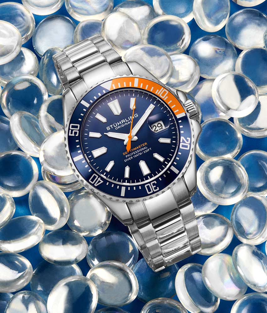 Suhrling Depthmaster Quartz 42mm Wrist Watch Blue and Orange Bezel