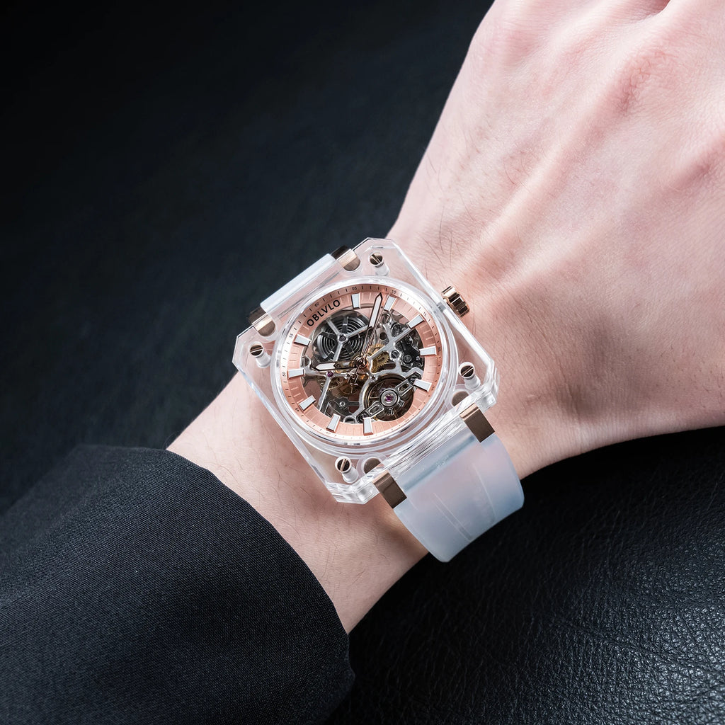 OBLVLO Men Automatic Watch Square Acrylic Case Mechanical Wristwatch 5ATM Waterproof Sapphire Luminous Skeleton Dial 1A00 Mov.