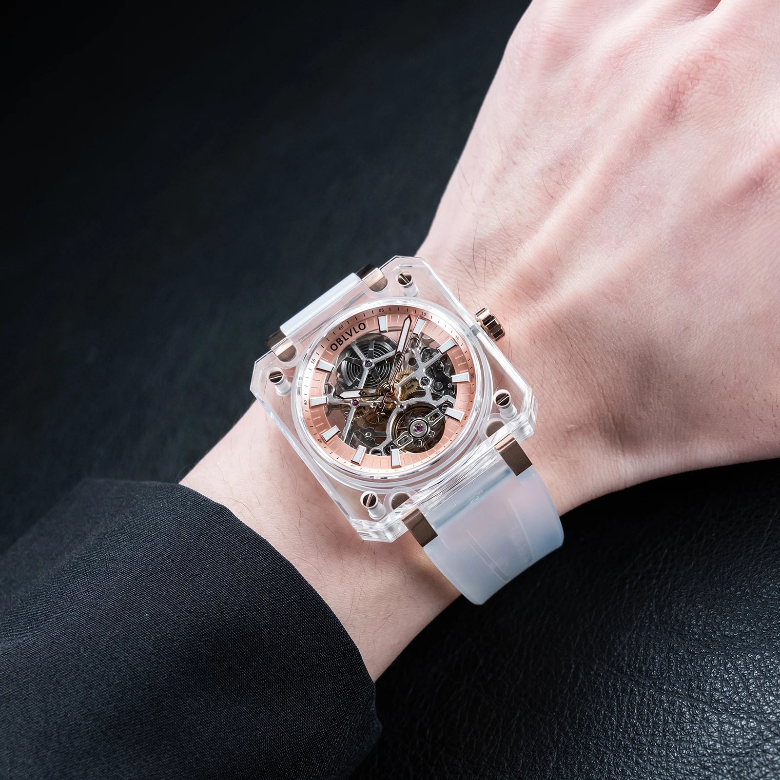 OBLVLO Men Automatic Watch Square Acrylic Case Mechanical Wristwatch 5ATM Waterproof Sapphire Luminous Skeleton Dial 1A00 Mov.