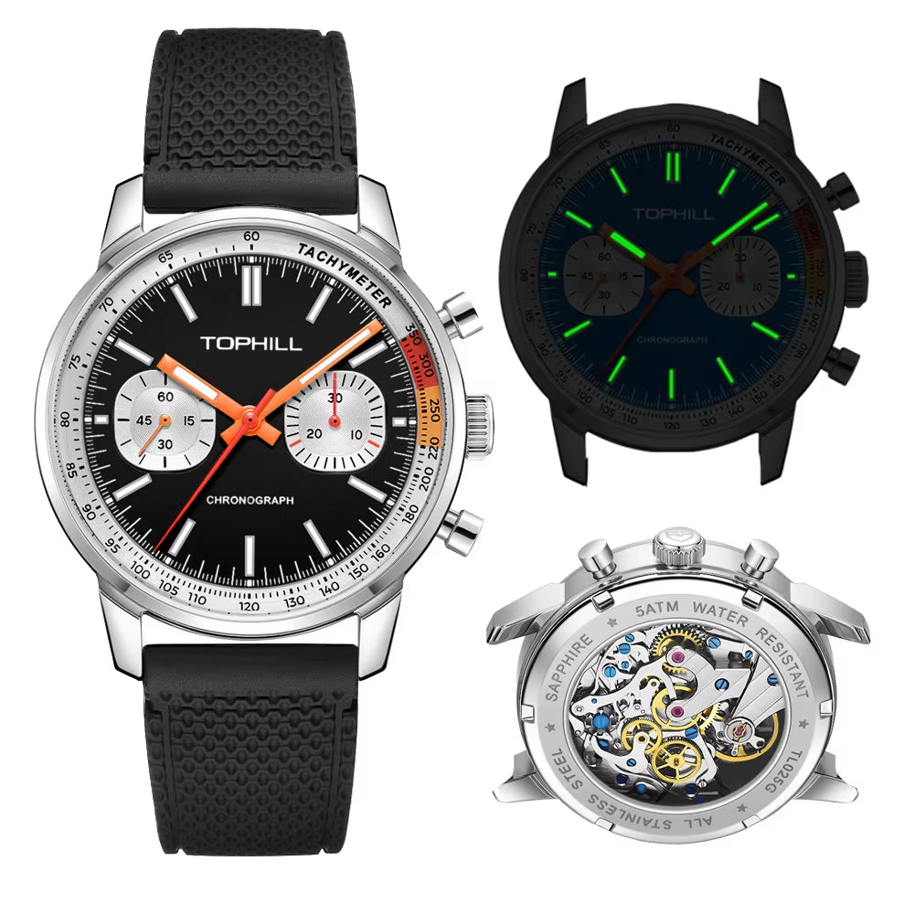 TOPHILL Panda Men'S 1963 Chronograph Mechanical Wristwatch Seagull ST1901 Movement 40Mm Luminous Sapphire Pilot Watch Waterproof