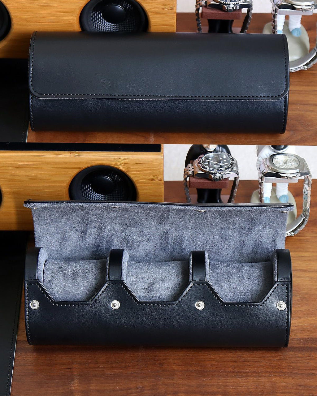 Watch Box Organizer for Mens Watch Case Travel Roll Portable 3 Watch Display Storage with Velvet Sections to Holder Large Watch (Black)