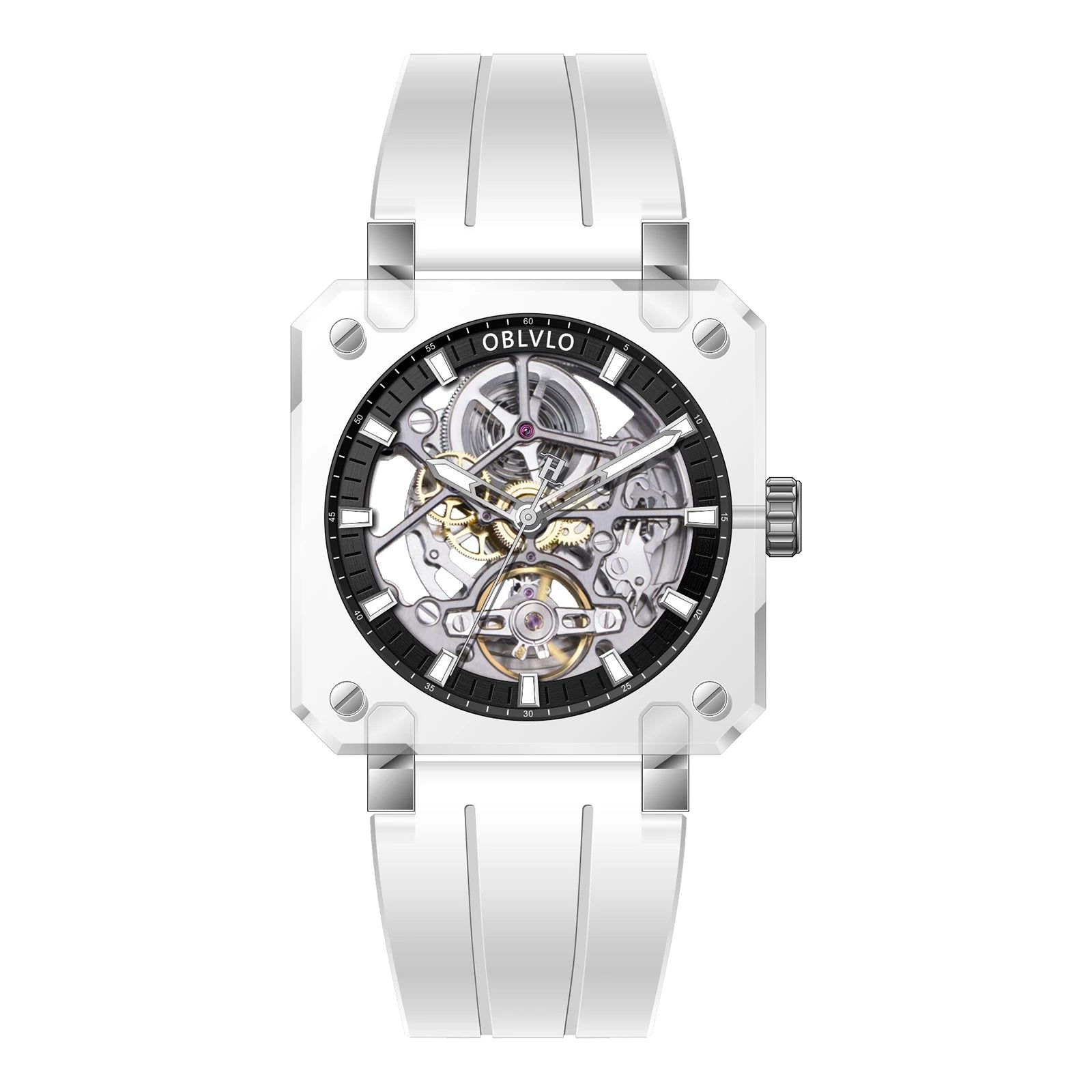 OBLVLO Men Automatic Watch Square Acrylic Case Mechanical Wristwatch 5ATM Waterproof Sapphire Luminous Skeleton Dial 1A00 Mov.