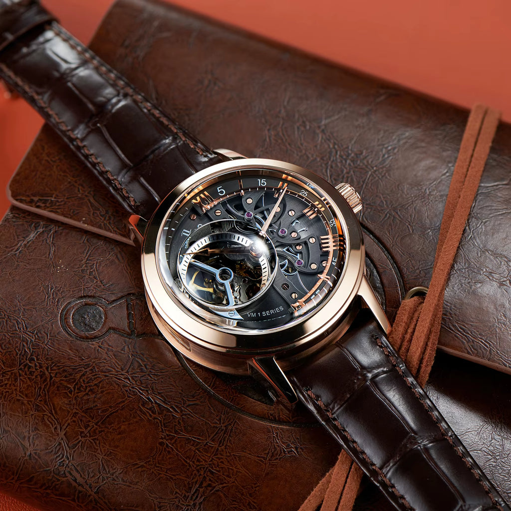 OBLVLO Retro Casual Men Skeleton Automatic Watches Mechanical Calfskin Strap Mineral Crystal Glass Waterproof Clock Dial 45Mm VM