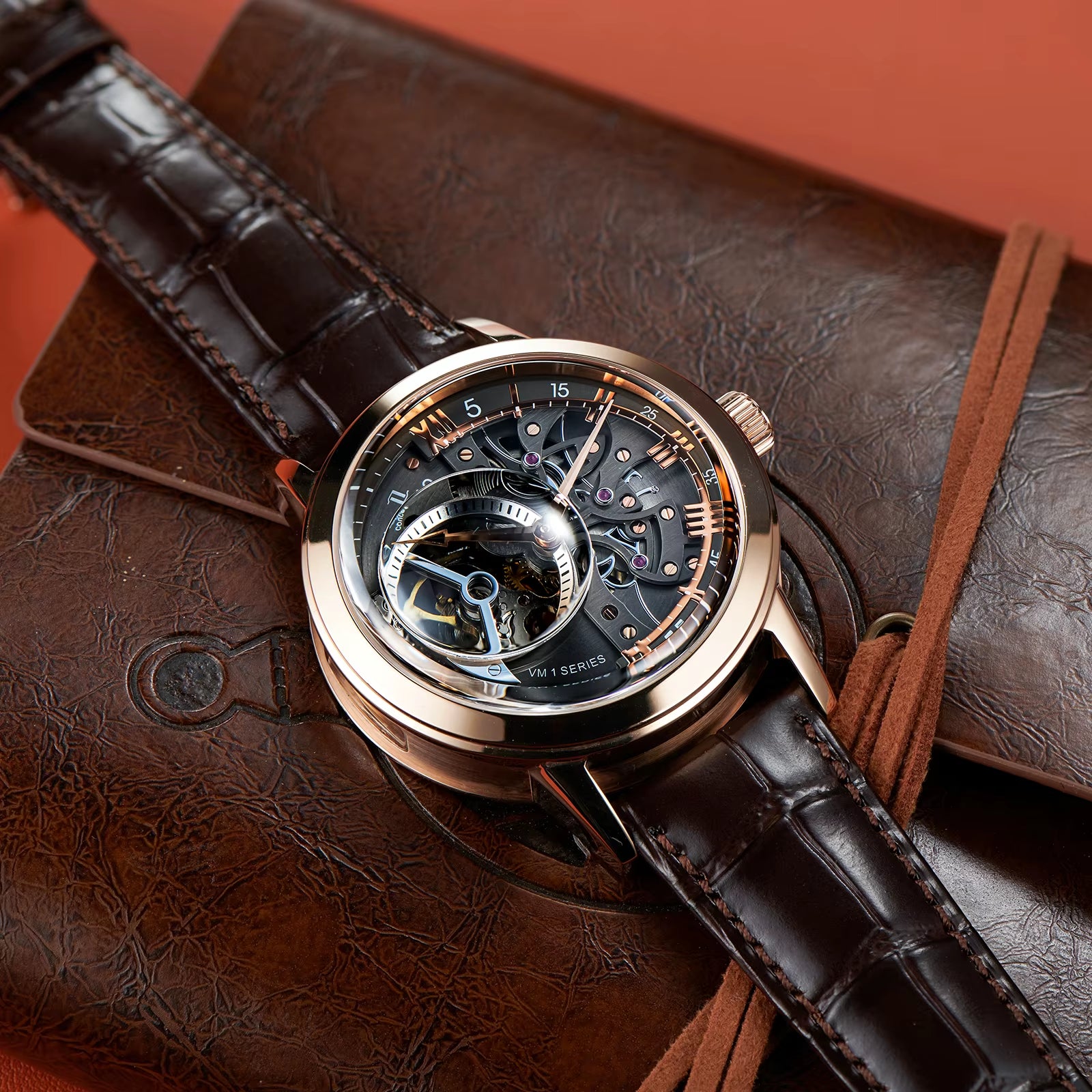 OBLVLO Retro Casual Men Skeleton Automatic Watches Mechanical Calfskin Strap Mineral Crystal Glass Waterproof Clock Dial 45Mm VM