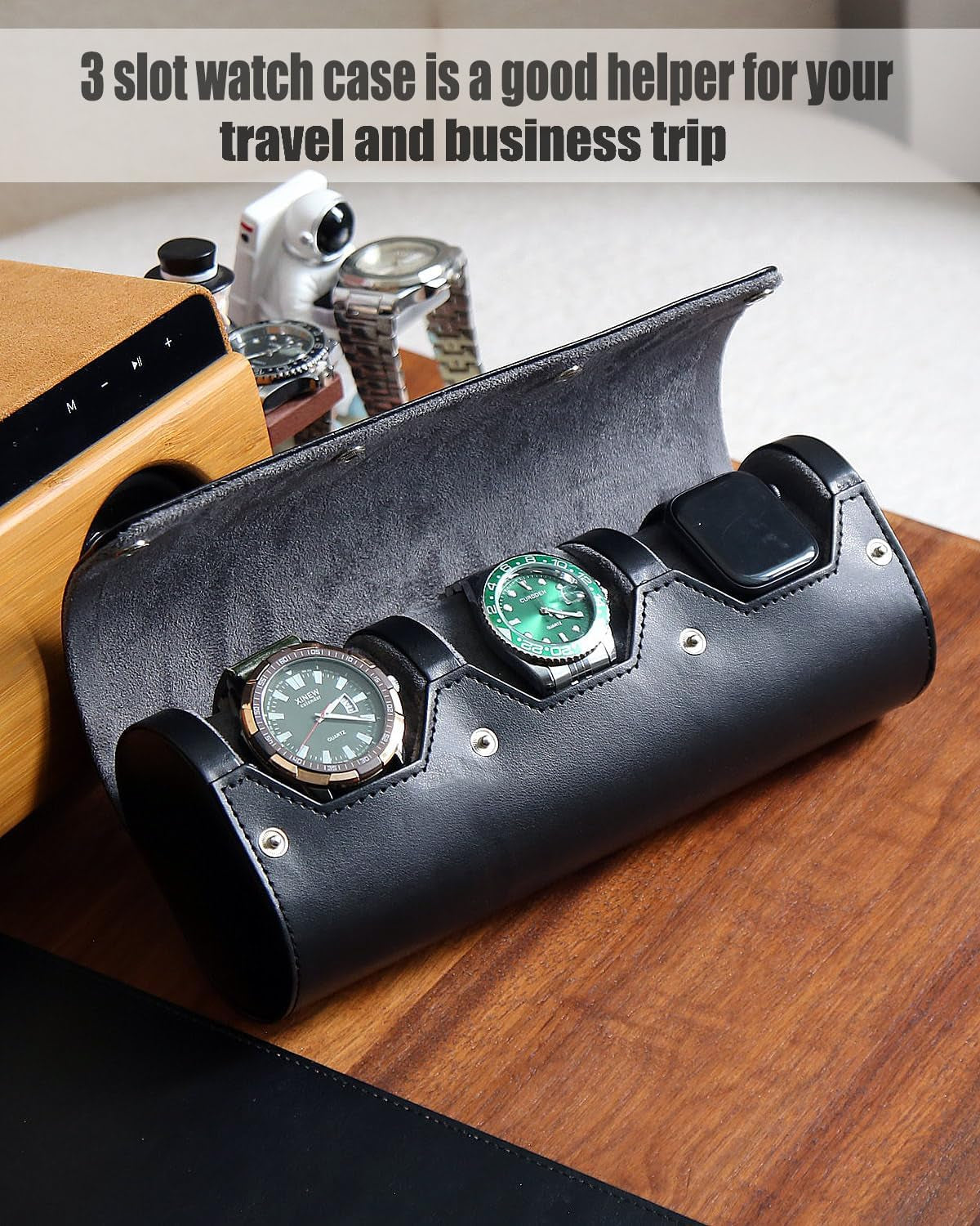 Watch Box Organizer for Mens Watch Case Travel Roll Portable 3 Watch Display Storage with Velvet Sections to Holder Large Watch (Black)
