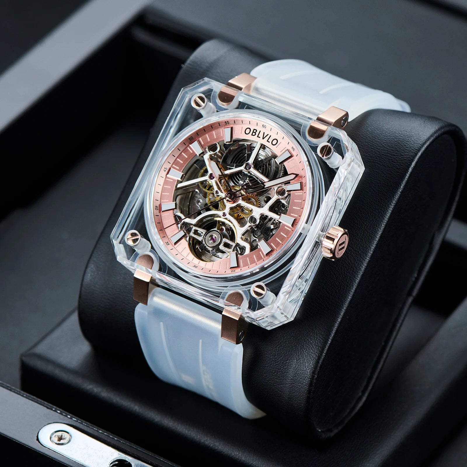 OBLVLO Men Automatic Watch Square Acrylic Case Mechanical Wristwatch 5ATM Waterproof Sapphire Luminous Skeleton Dial 1A00 Mov.